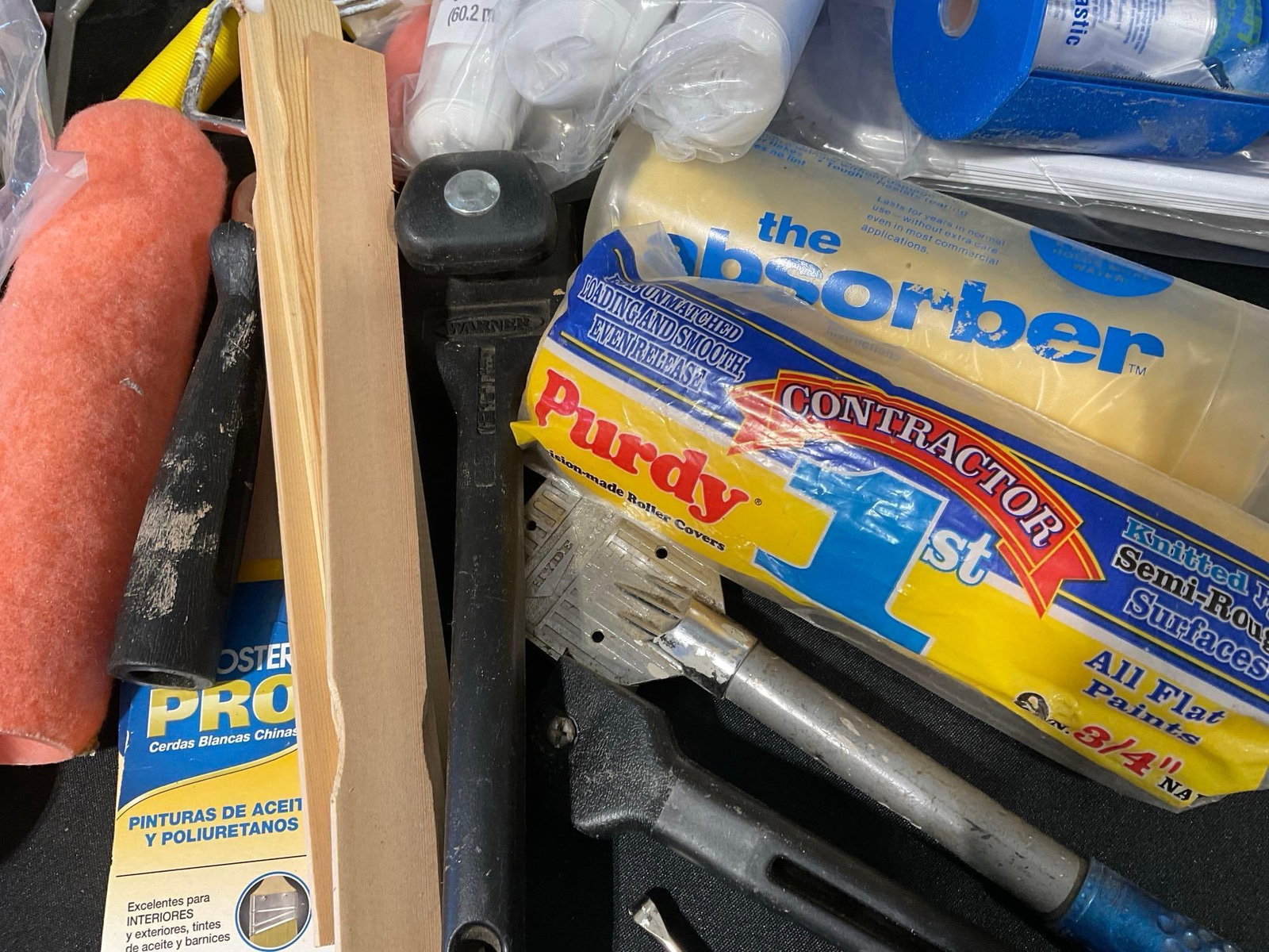 Tub of Painting Supplies, Rollers, Scrapers, Tape, Steel Wool, Paint Stirrer, & more - 5