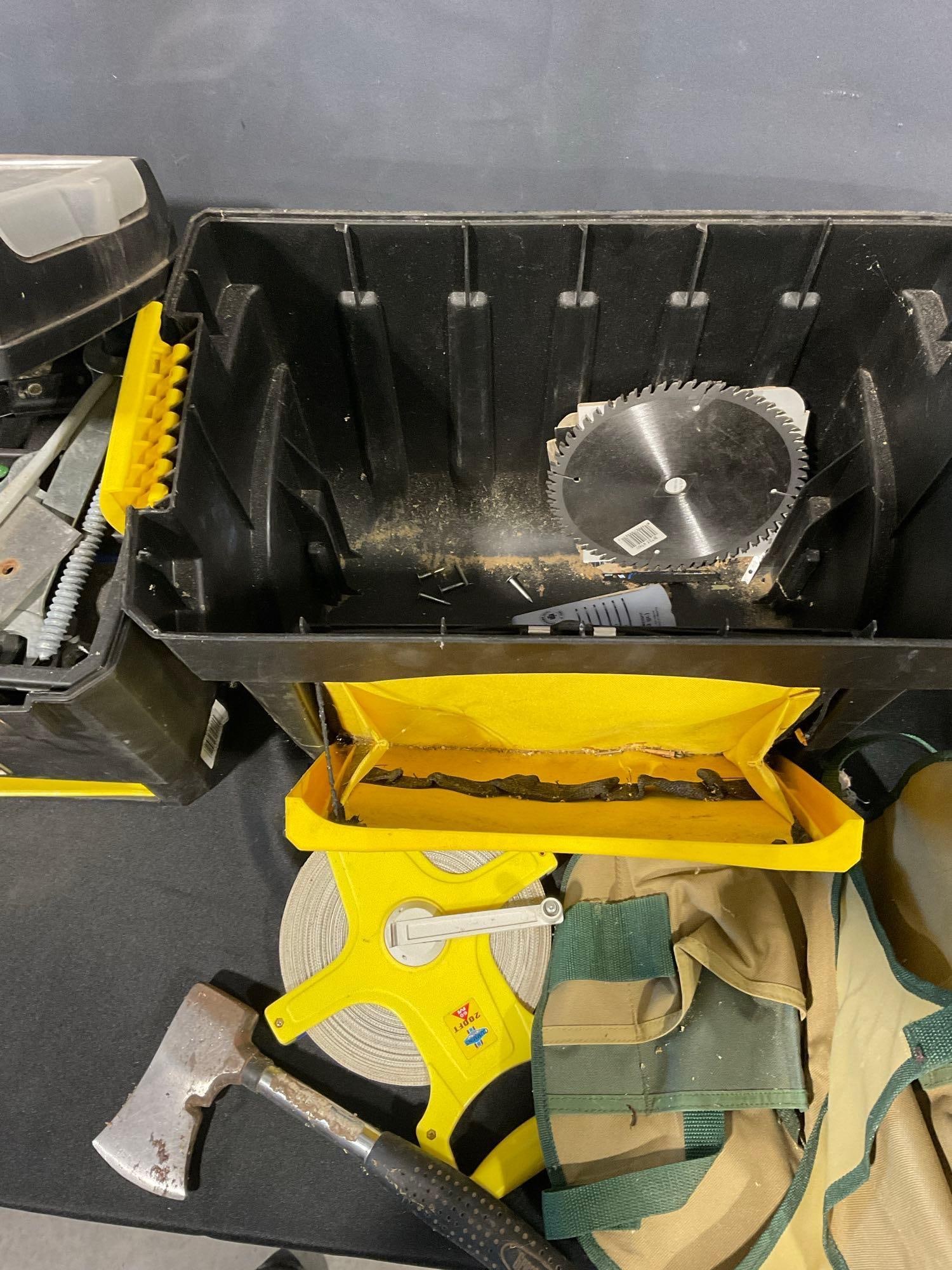 Stanley Mobile Work Center Toolbox, w/variety of tools, 200 foot measuring tape, hatchet & more - 3