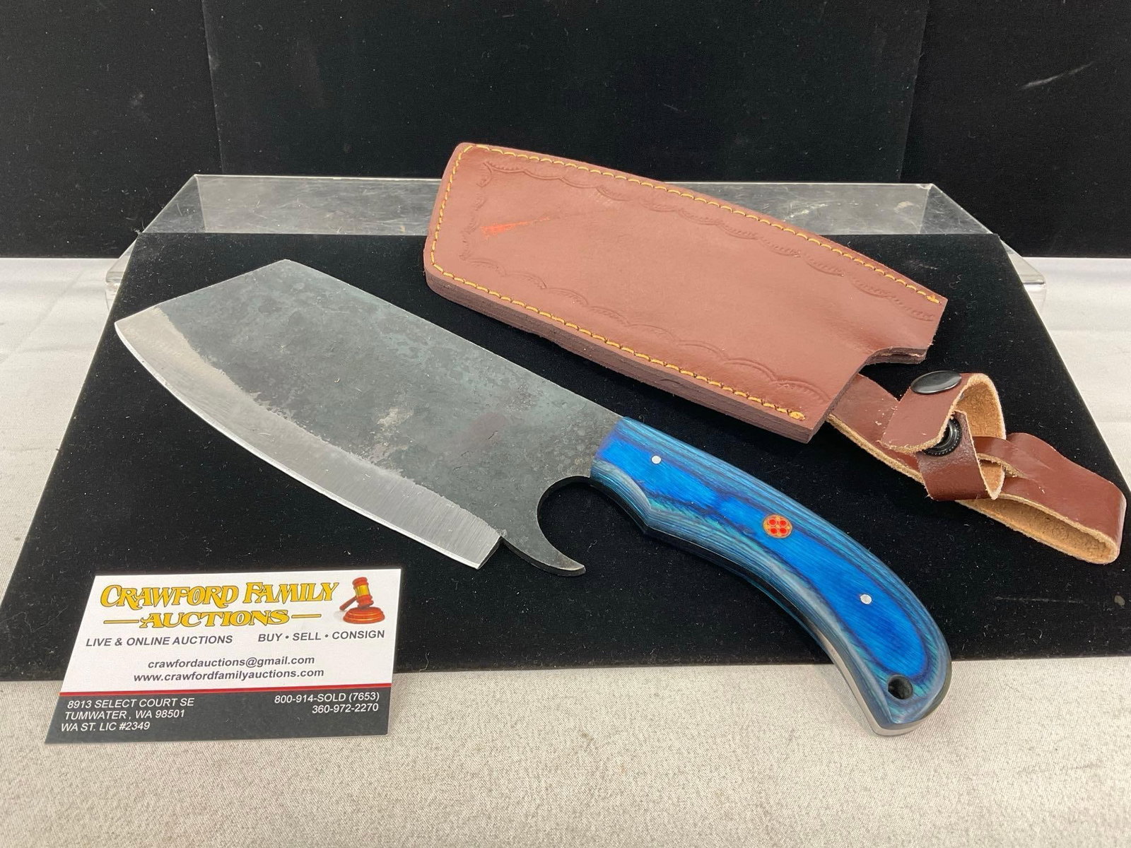 Large Cleaver Style Knife w/Blue Tinted Wood Handle, & Leather Sheaths, 8 inch blade