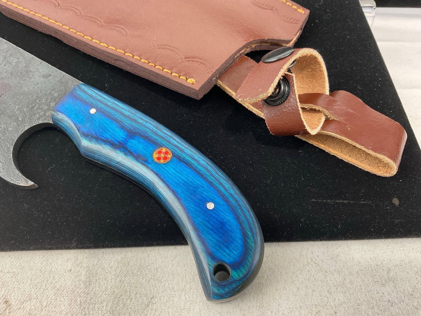 Large Cleaver Style Knife w/Blue Tinted Wood Handle, & Leather Sheaths, 8 inch blade - 3