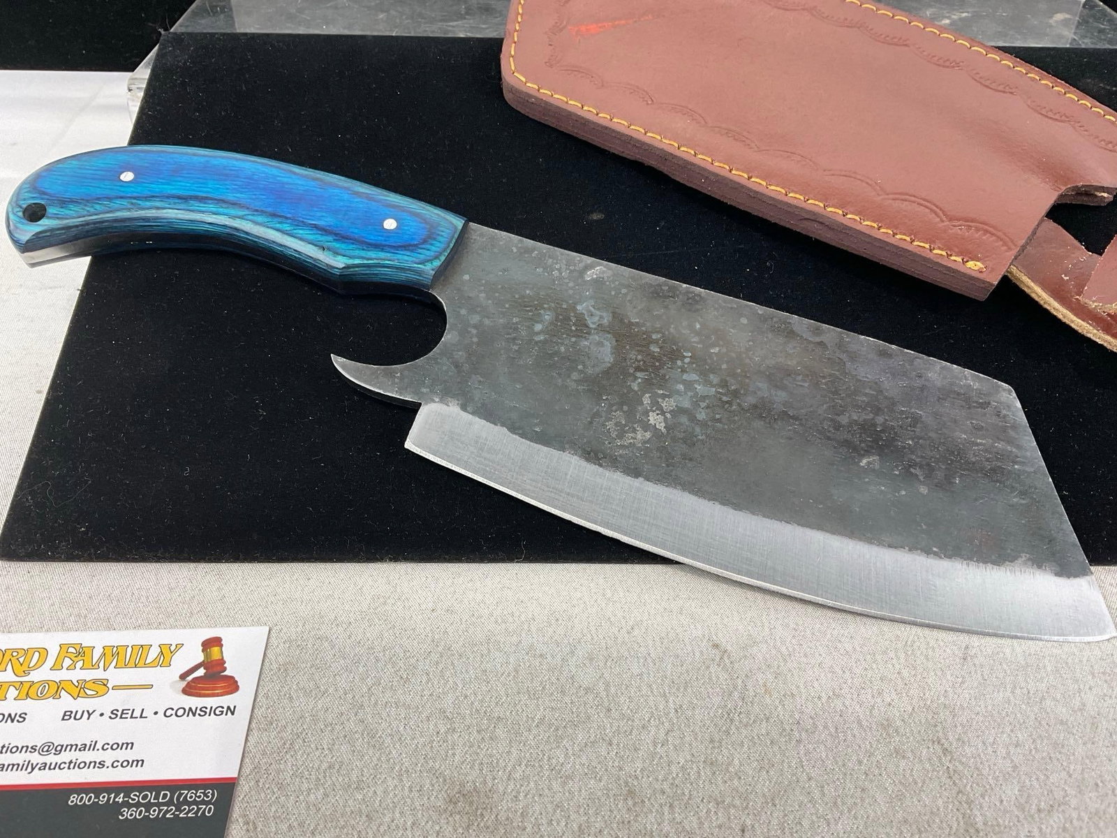Large Cleaver Style Knife w/Blue Tinted Wood Handle, & Leather Sheaths, 8 inch blade - 4
