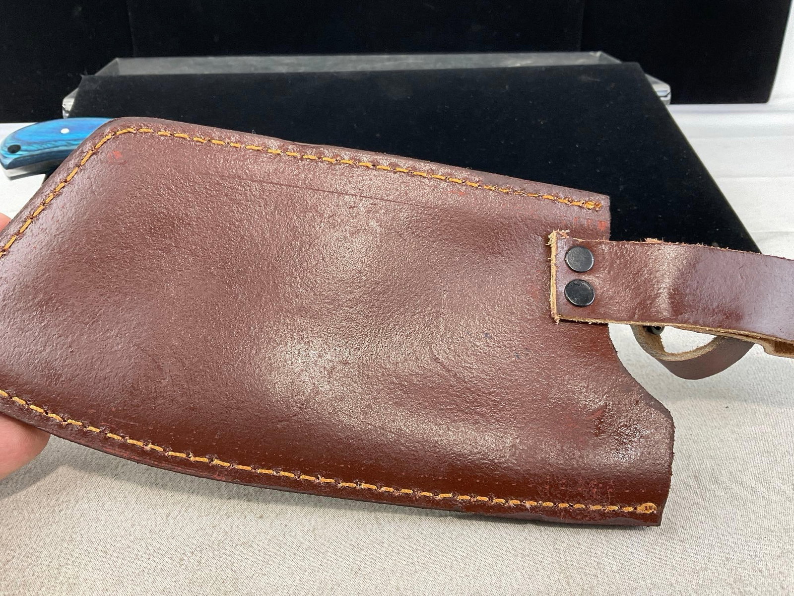 Large Cleaver Style Knife w/Blue Tinted Wood Handle, & Leather Sheaths, 8 inch blade - 6