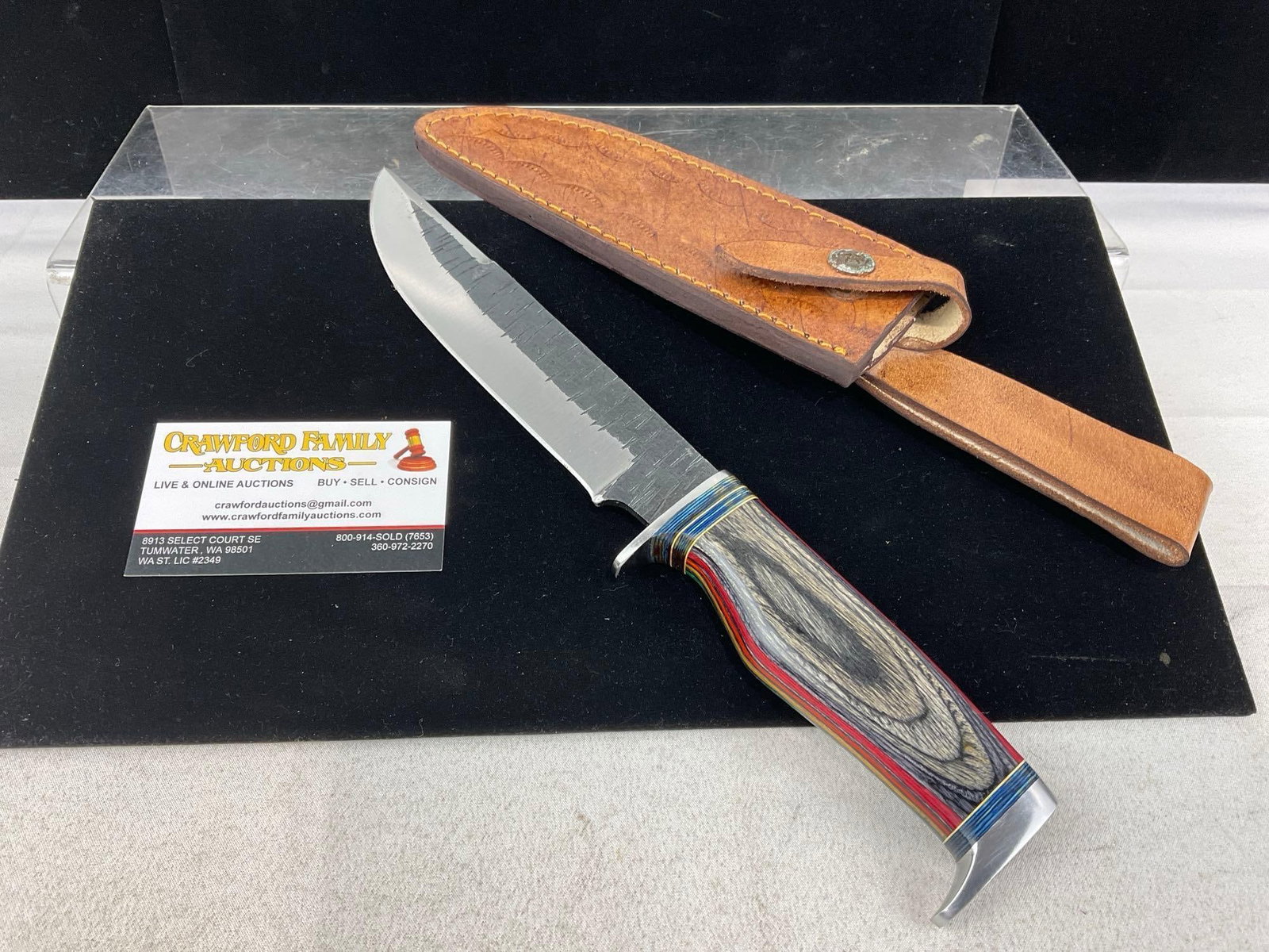 Large Handmade Knife, 7 inch blade, Leather Sheath, w/grey & Rainbow Handle Scales