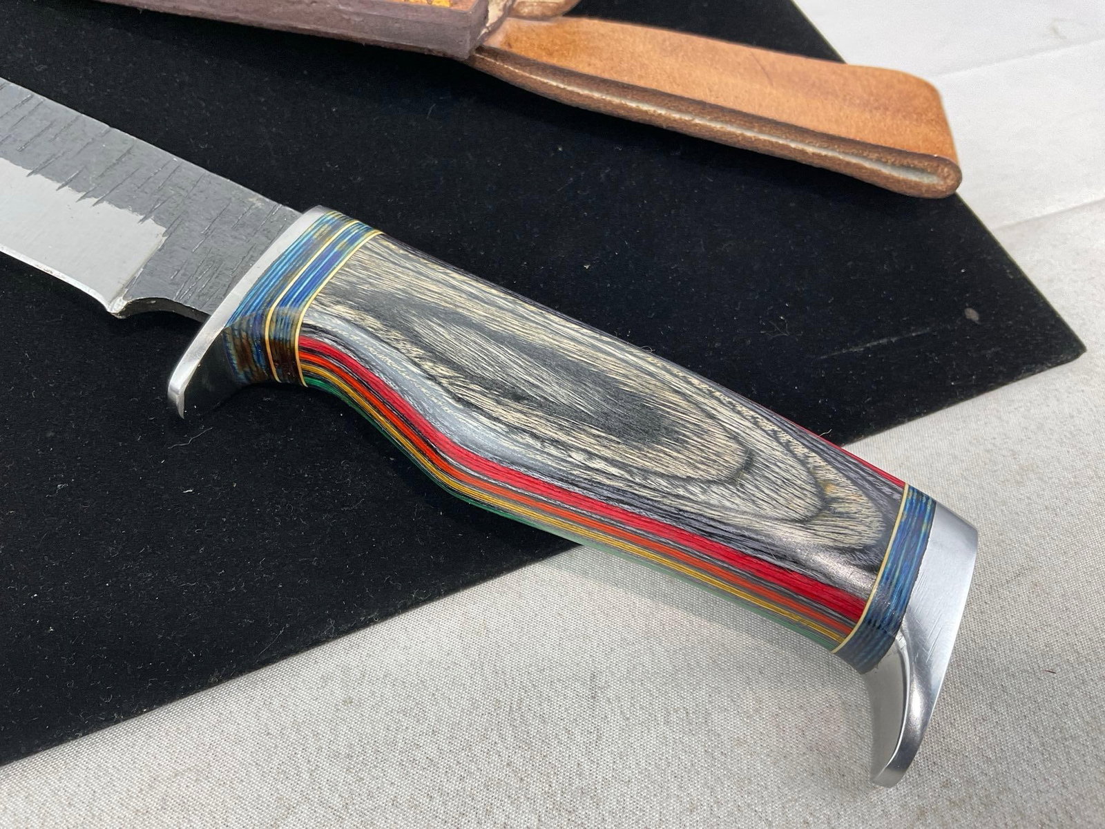 Large Handmade Knife, 7 inch blade, Leather Sheath, w/grey & Rainbow Handle Scales - 2