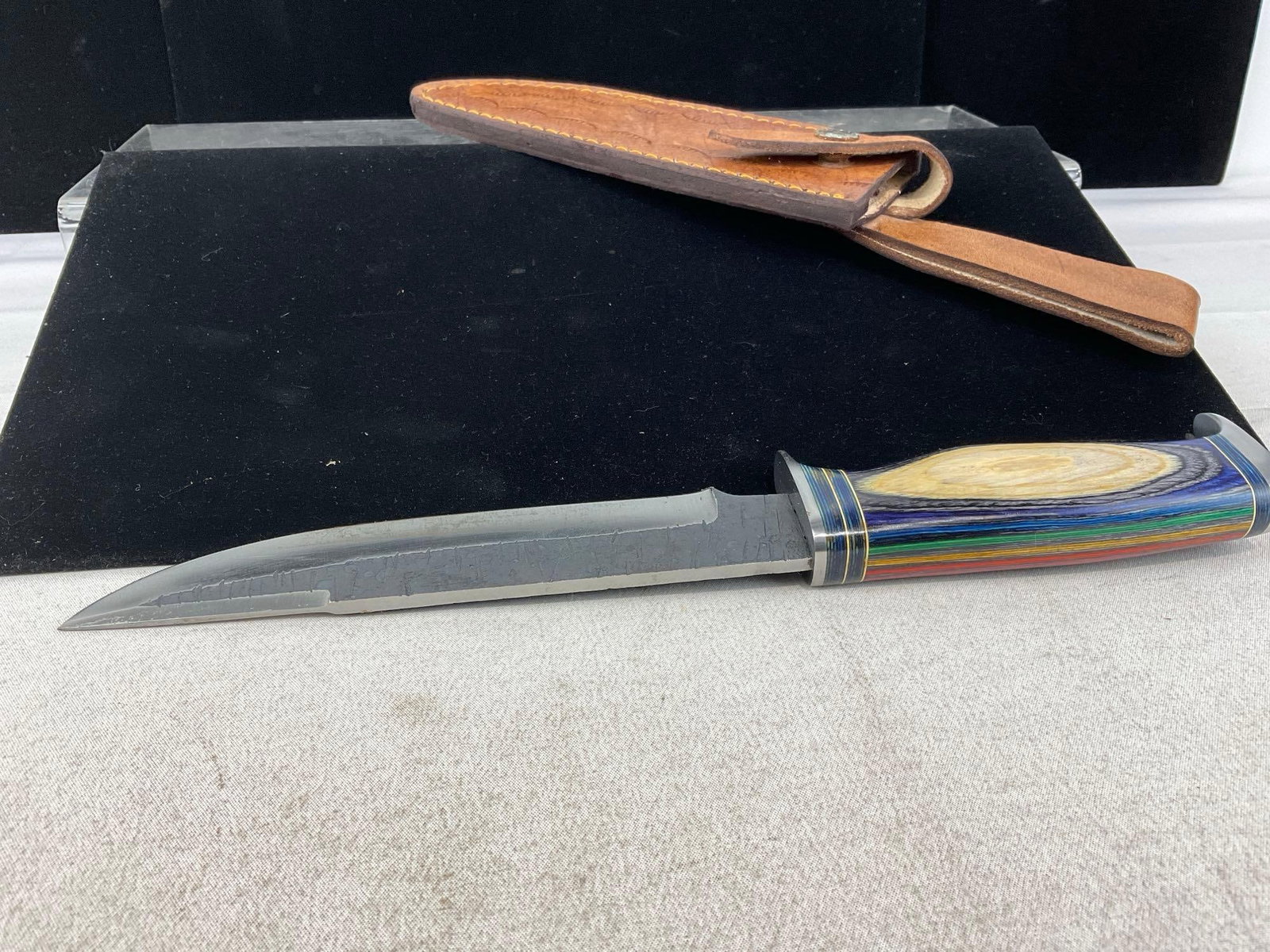 Large Handmade Knife, 7 inch blade, Leather Sheath, w/grey & Rainbow Handle Scales - 4