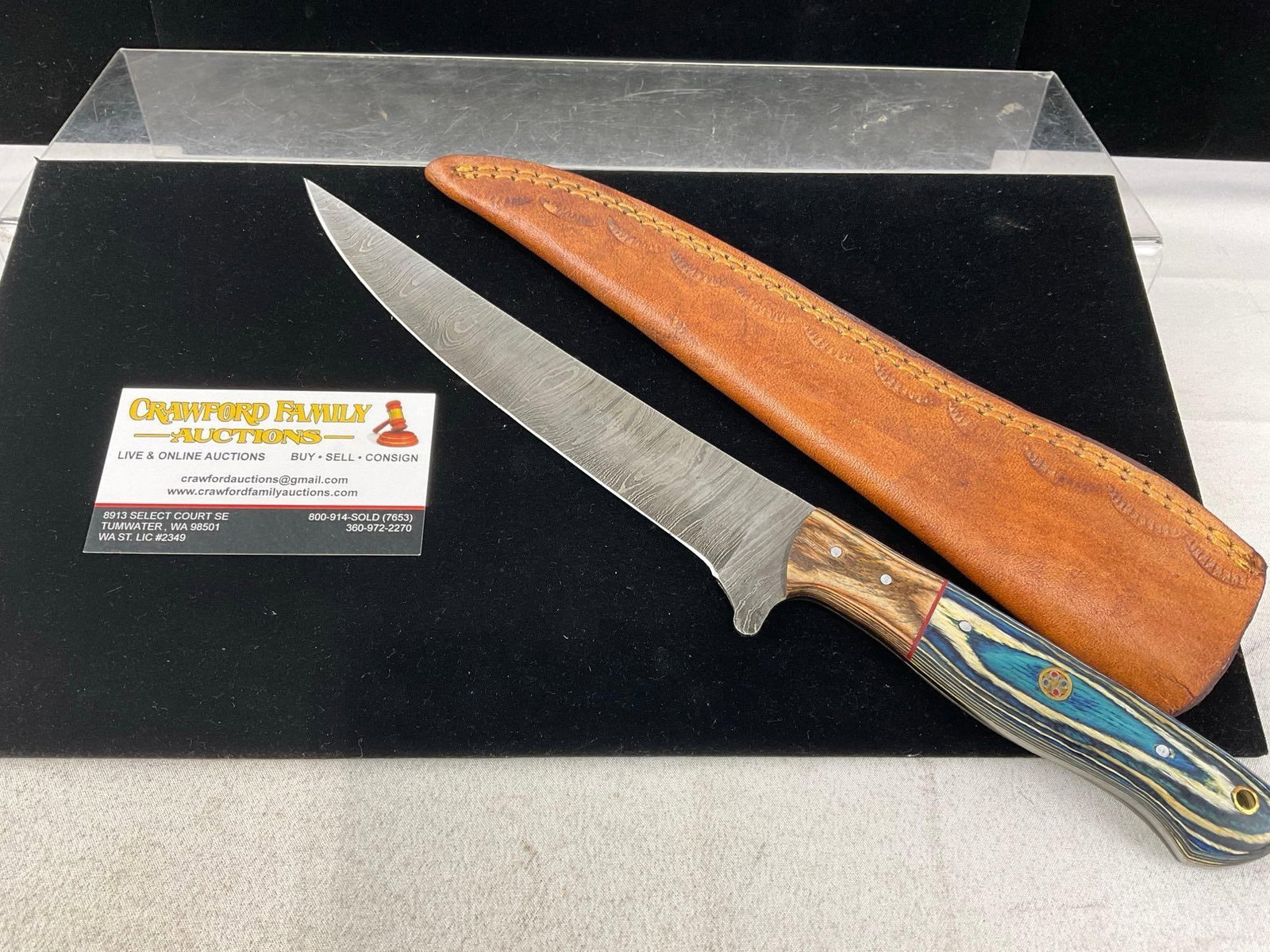 7 inch Damascus Blade Knife, w/Leather Sheath, Tinted Wood Handle, Blue & Brown