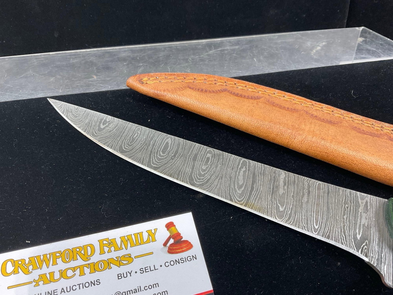 8 inch Damascus Blade Knife, w/Leather Sheath, Tinted Wood Handle, Green & White/Red - 3