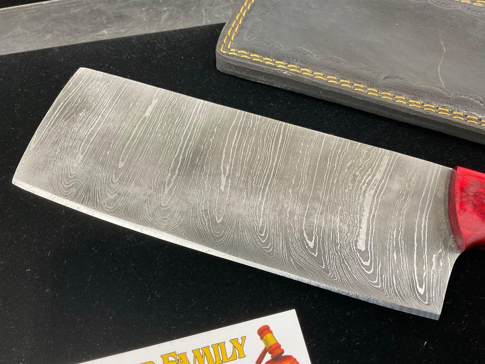 Large Rectangular Cleaver style Knife, Damascus Blade, w/Leather Sheath, 7 inch blade - 2