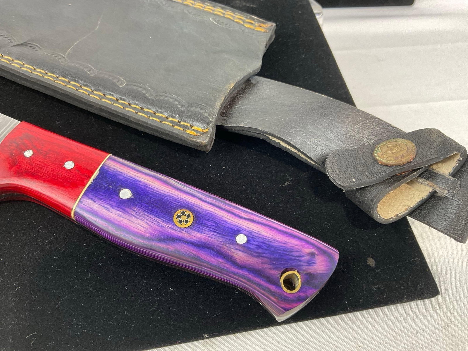 Large Rectangular Cleaver style Knife, Damascus Blade, w/Leather Sheath, 7 inch blade - 3