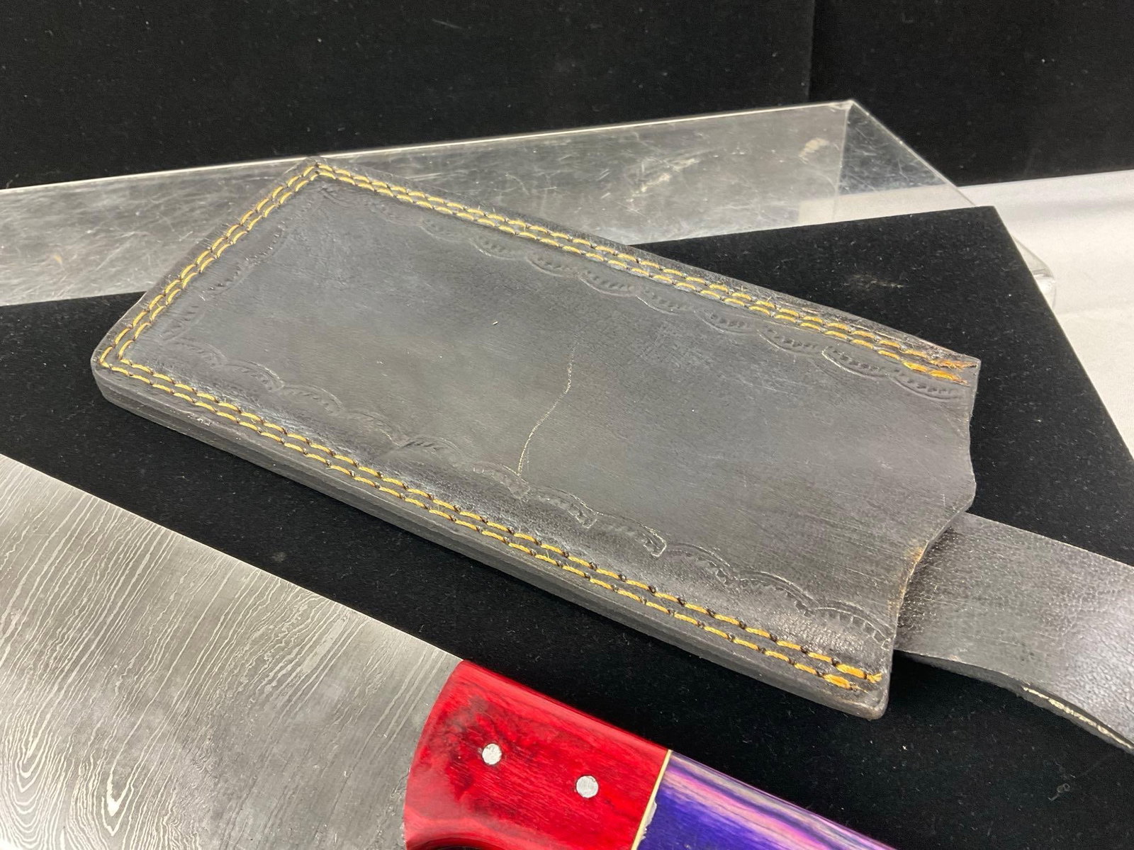 Large Rectangular Cleaver style Knife, Damascus Blade, w/Leather Sheath, 7 inch blade - 4