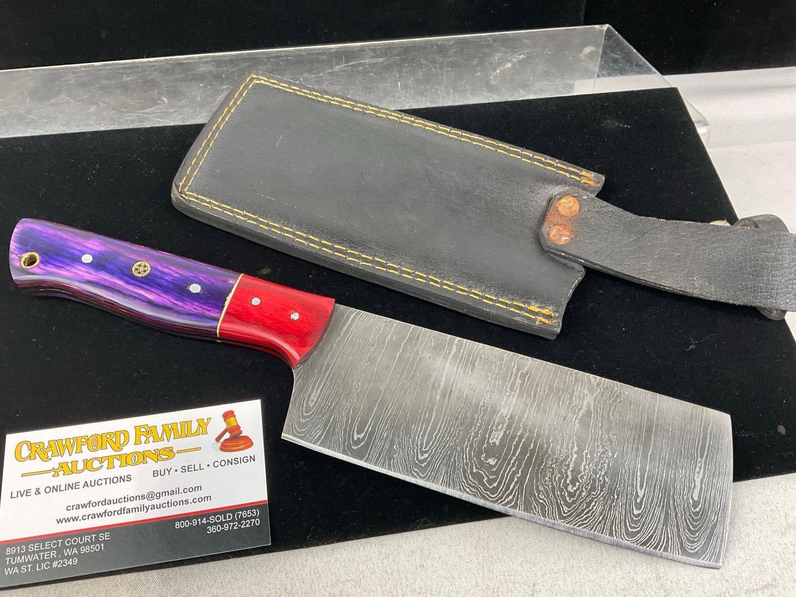 Large Rectangular Cleaver style Knife, Damascus Blade, w/Leather Sheath, 7 inch blade - 5