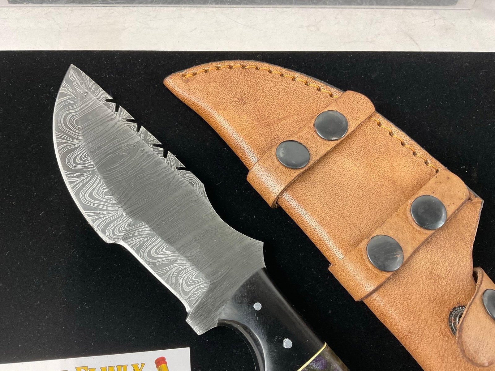Damascus Blade Knife, 6 inch, Black & Purple Resin Handle w/Leather Sheath - 2