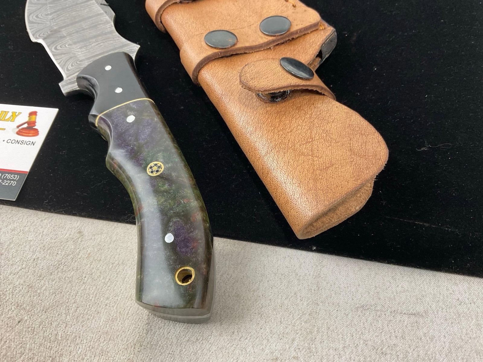Damascus Blade Knife, 6 inch, Black & Purple Resin Handle w/Leather Sheath - 3