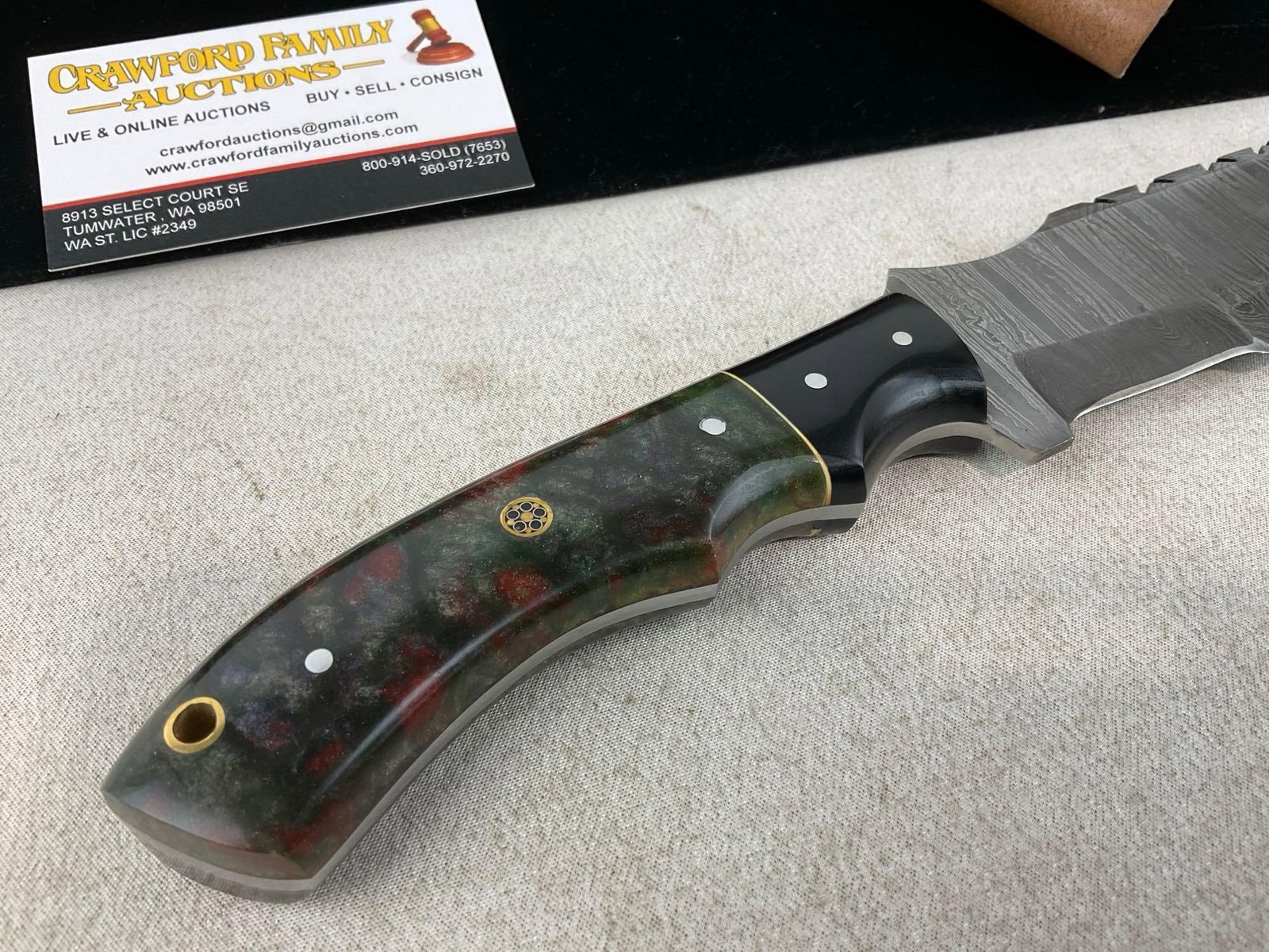 Damascus Blade Knife, 6 inch, Black & Purple Resin Handle w/Leather Sheath - 4