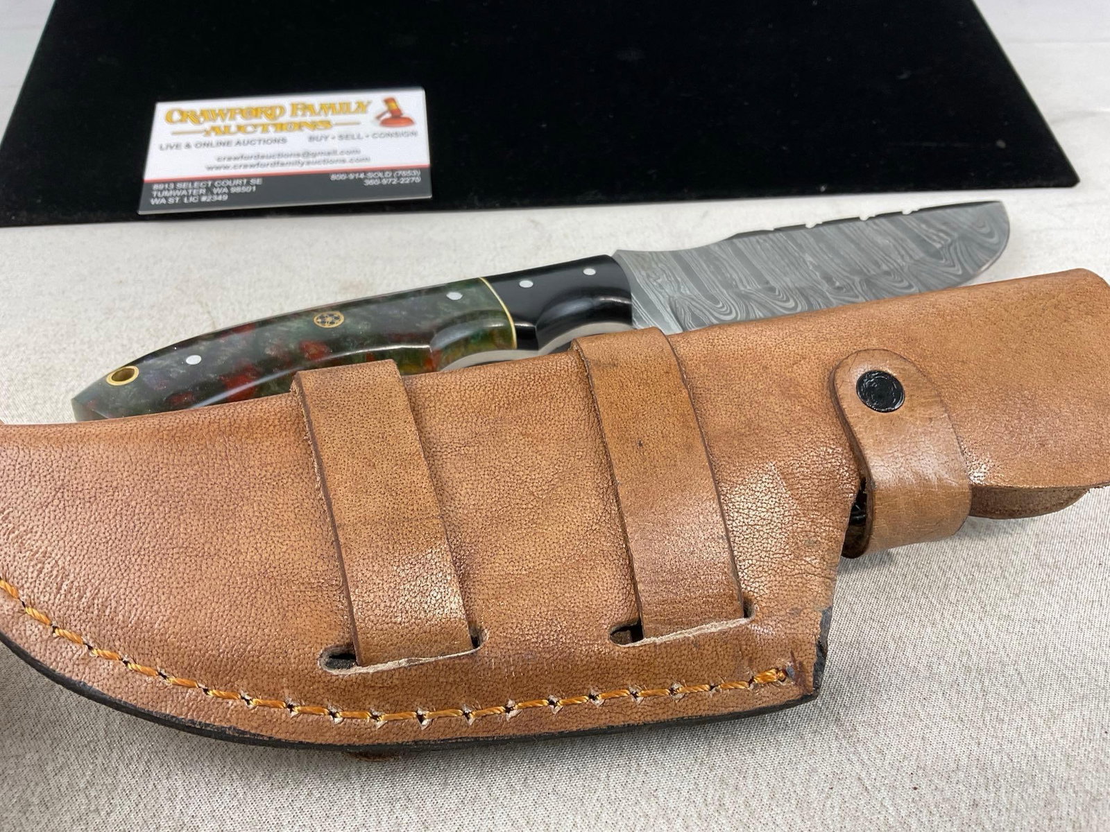 Damascus Blade Knife, 6 inch, Black & Purple Resin Handle w/Leather Sheath - 6