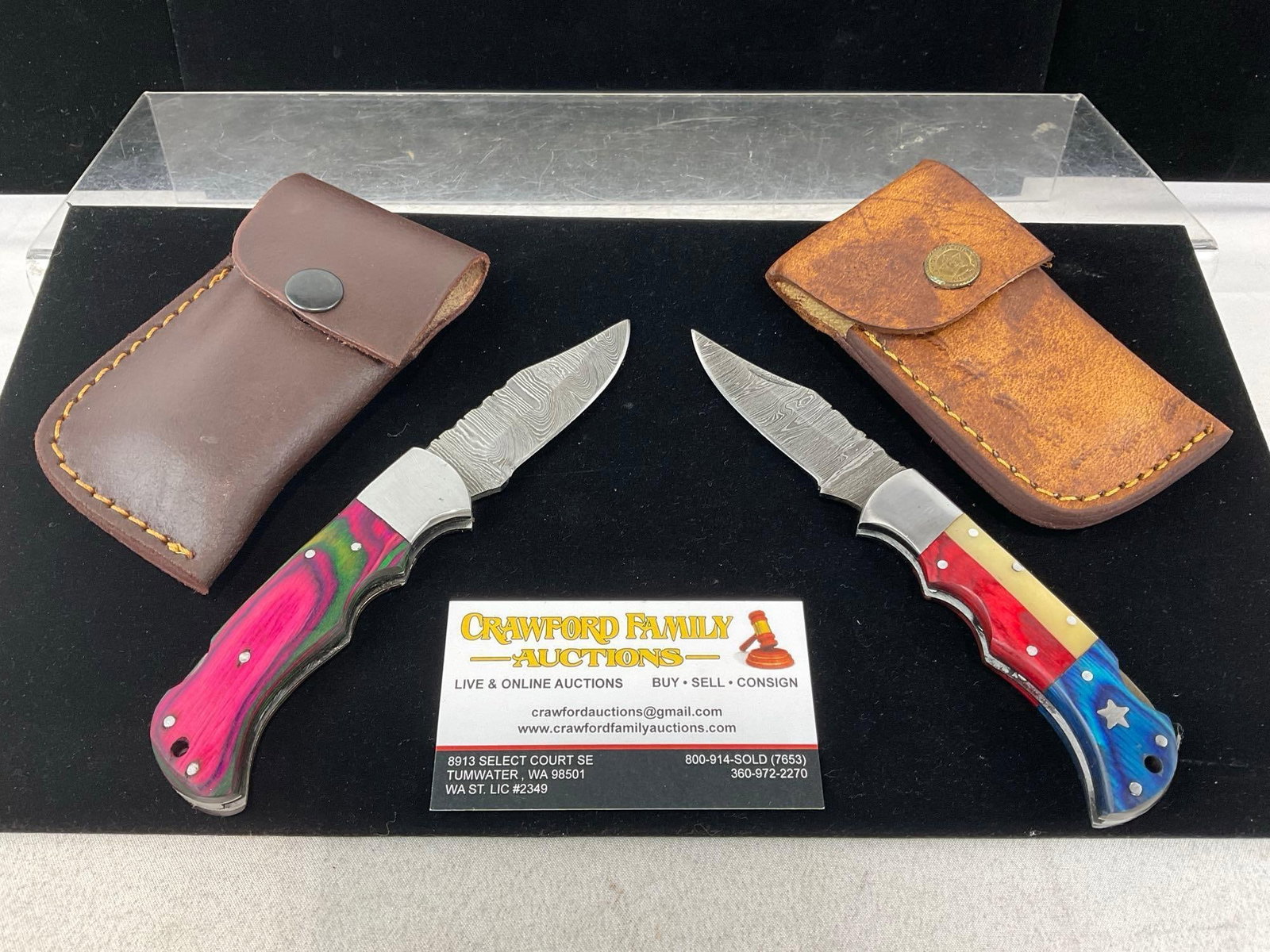 Pair of Damascus Blade Folding Knives, w/Leather Sheaths, Tinted Wood Handle Scales, 2.5 inch bla...