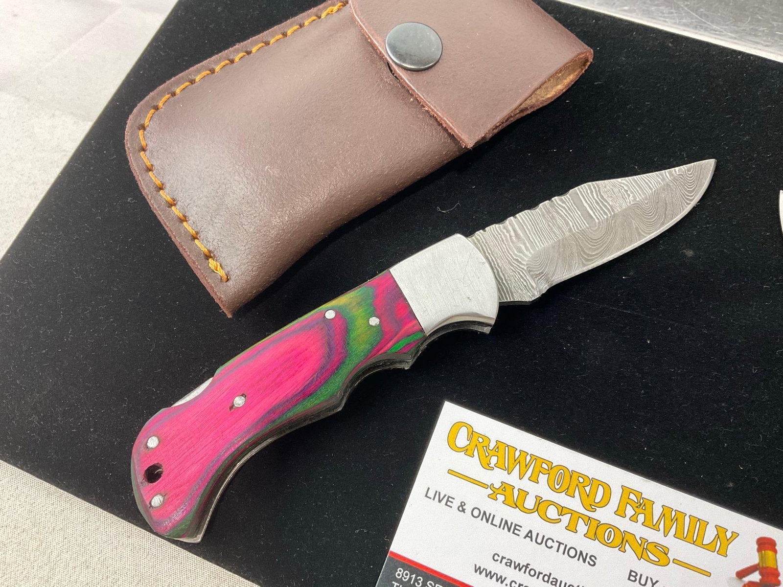 Pair of Damascus Blade Folding Knives, w/Leather Sheaths, Tinted Wood Handle Scales, 2.5 inch bla... - 2