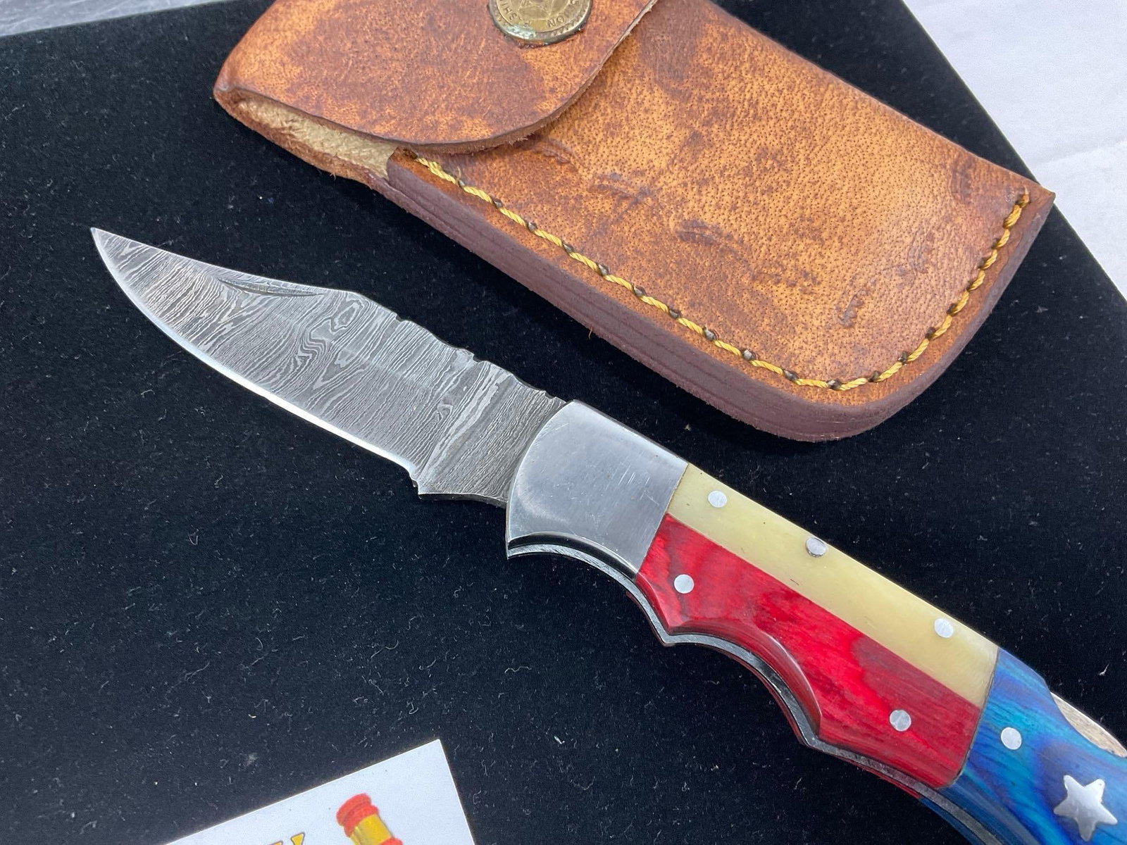 Pair of Damascus Blade Folding Knives, w/Leather Sheaths, Tinted Wood Handle Scales, 2.5 inch bla... - 3