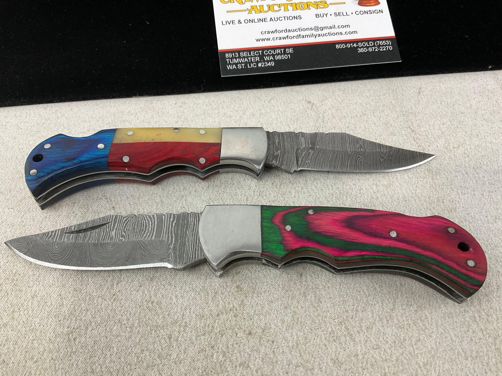 Pair of Damascus Blade Folding Knives, w/Leather Sheaths, Tinted Wood Handle Scales, 2.5 inch bla... - 4