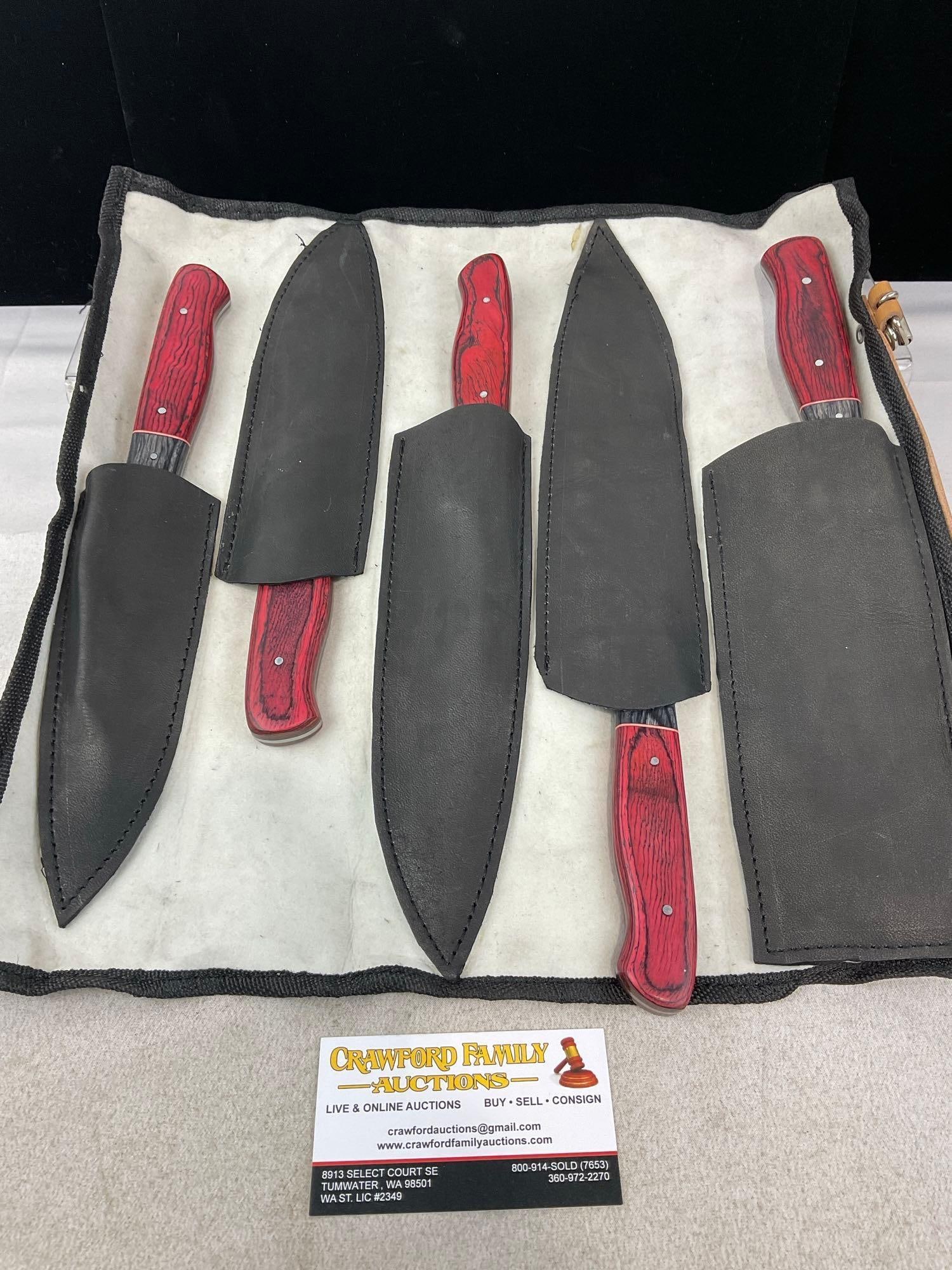 Matched Set of 5 Knives w/Red & Grey Tinted Wood Handles, Damascus Blades, w/Wrap (1 of 6)