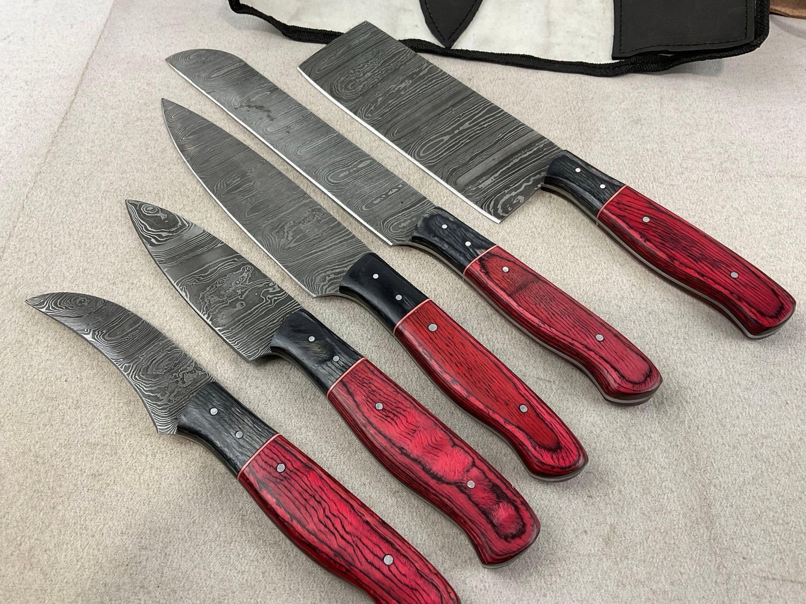Matched Set of 5 Knives w/Red & Grey Tinted Wood Handles, Damascus Blades, w/Wrap - 2