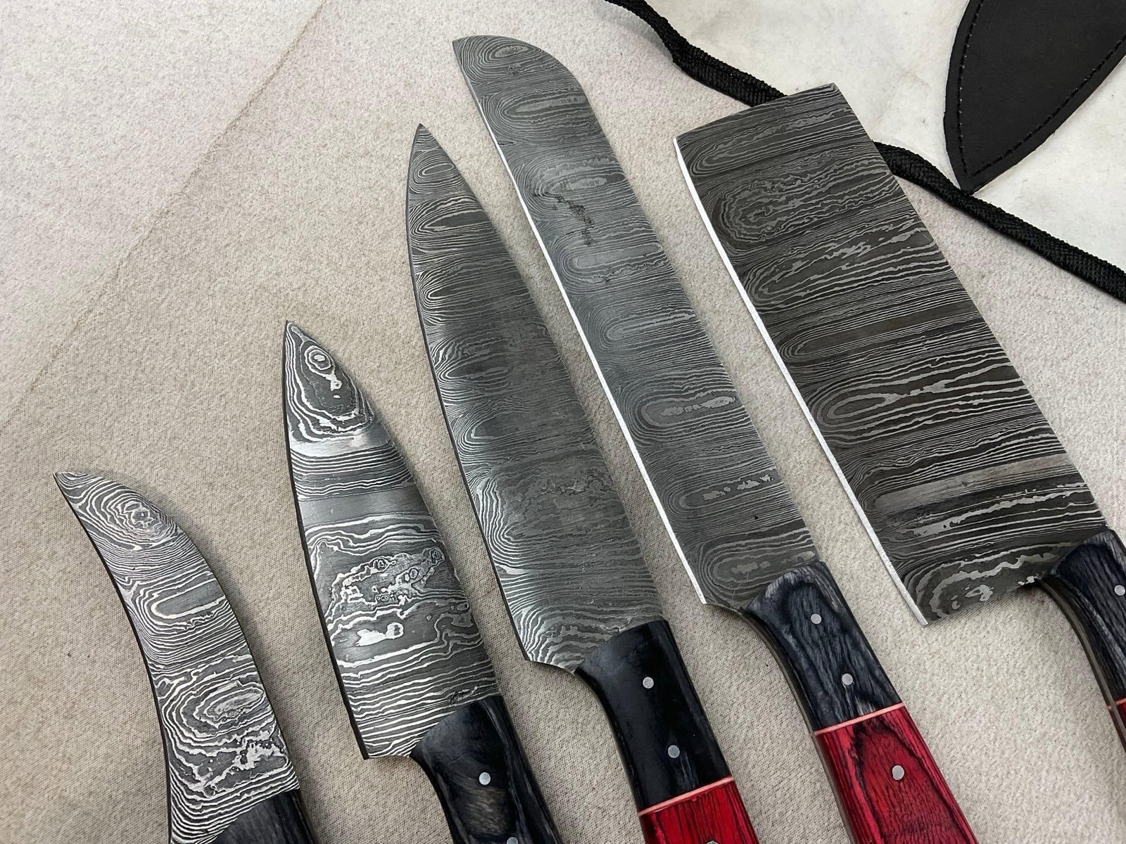 Matched Set of 5 Knives w/Red & Grey Tinted Wood Handles, Damascus Blades, w/Wrap - 3