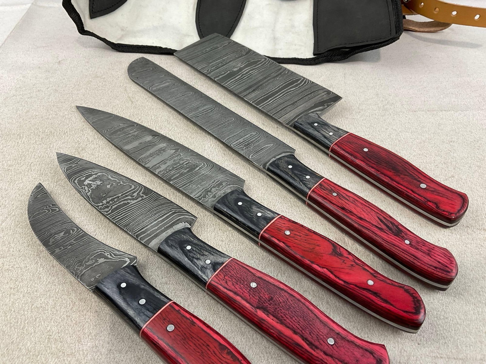 Matched Set of 5 Knives w/Red & Grey Tinted Wood Handles, Damascus Blades, w/Wrap - 4