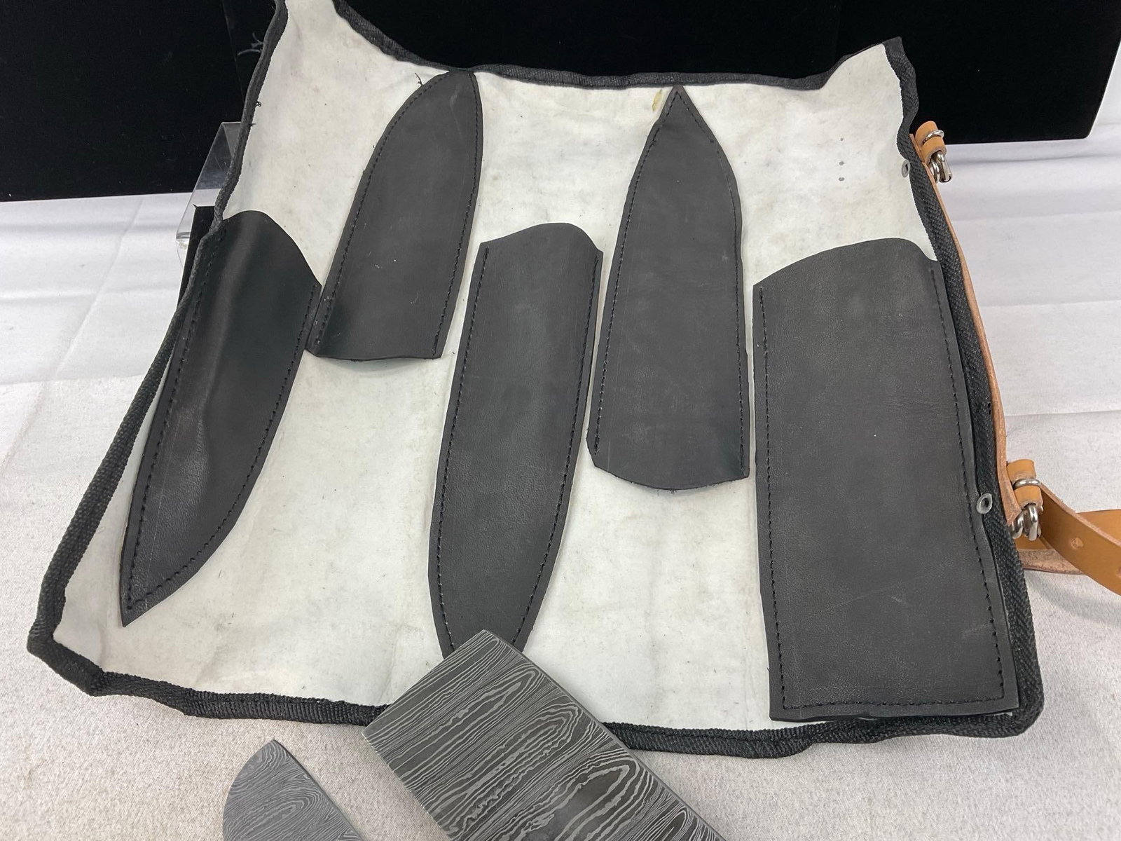 Matched Set of 5 Knives w/Red & Grey Tinted Wood Handles, Damascus Blades, w/Wrap - 5