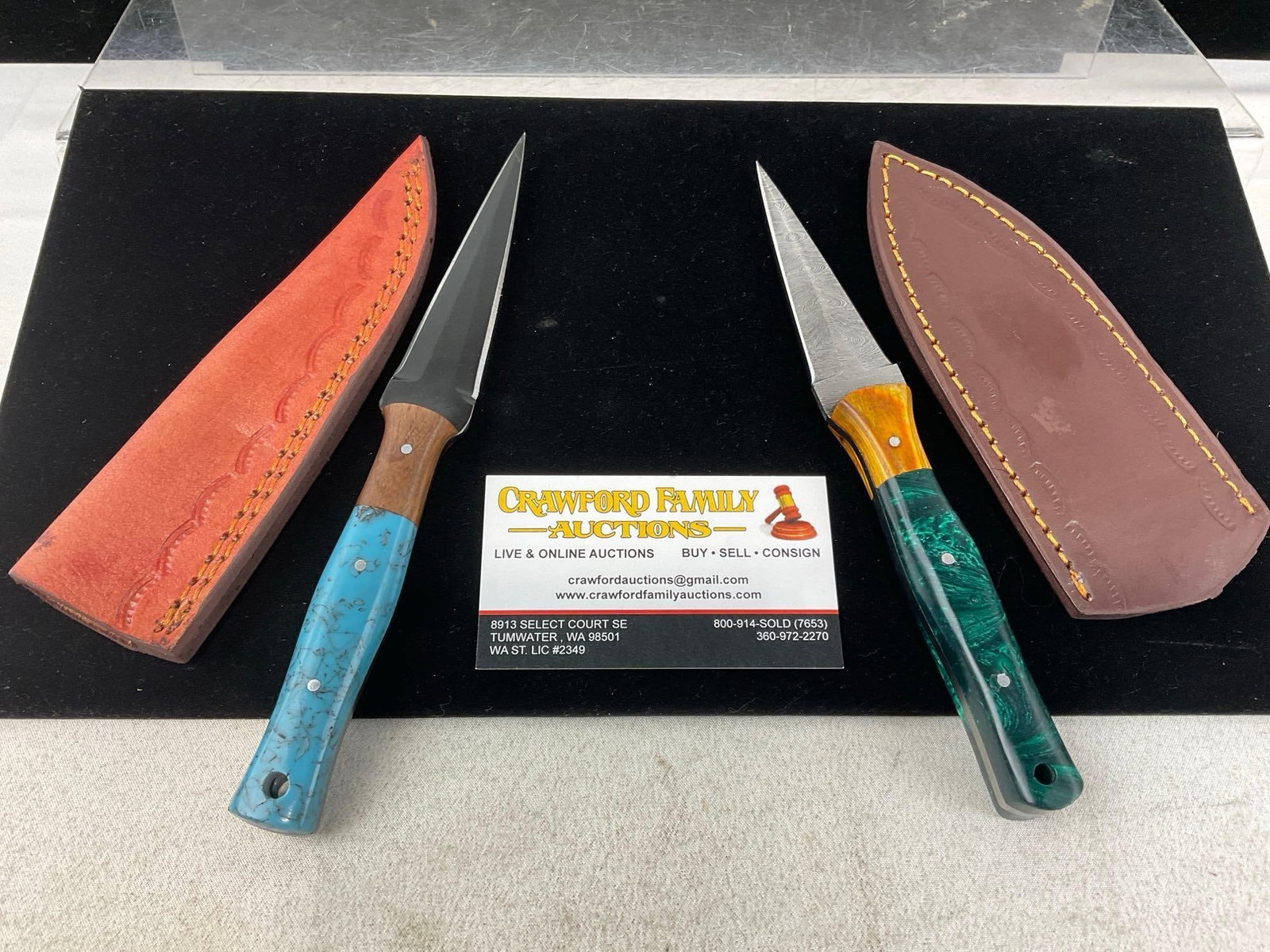 Pair of Handmade Daggers, w/custom two-tone resin handles, & Leather Sheaths