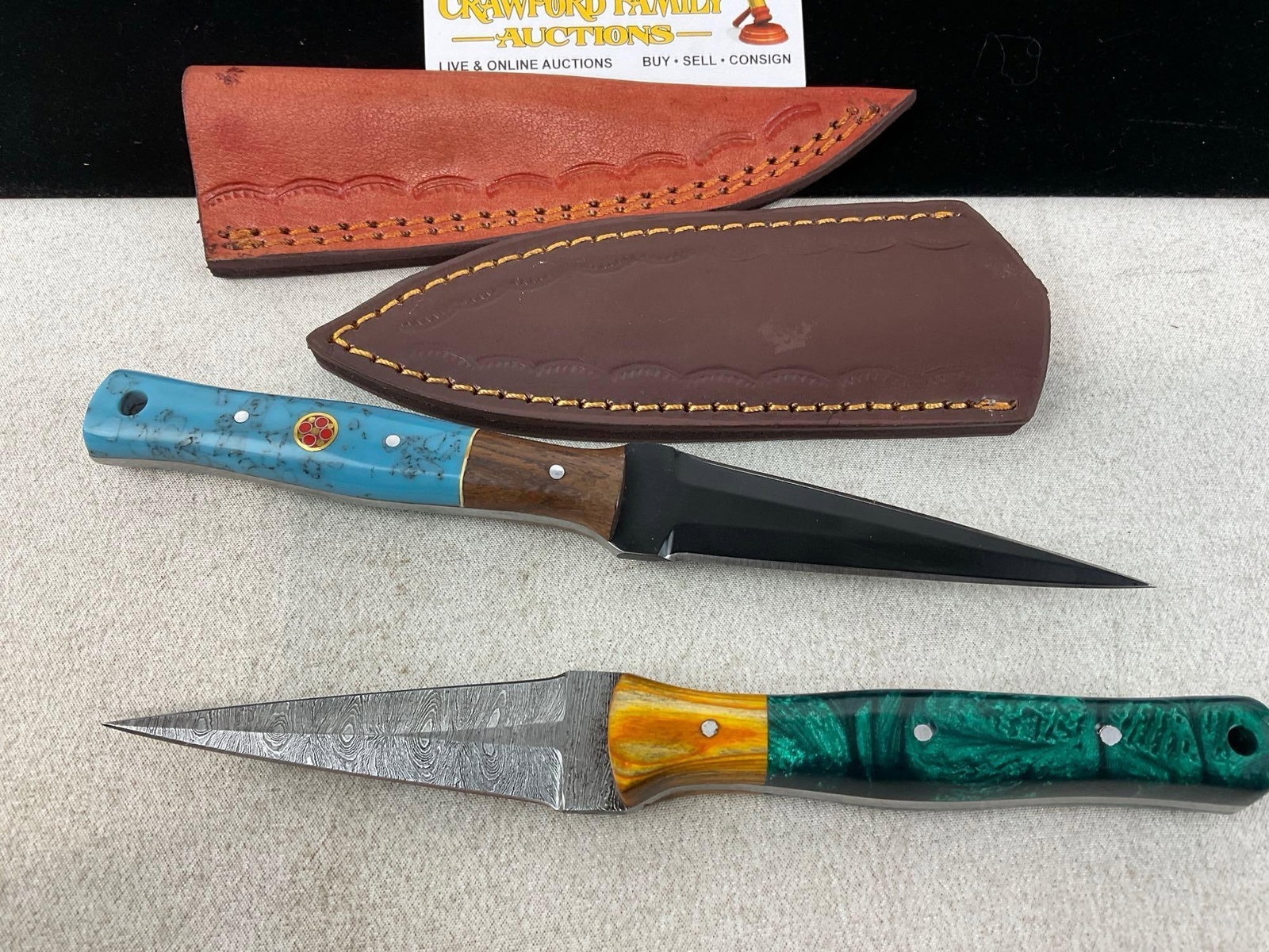 Pair of Handmade Daggers, w/custom two-tone resin handles, & Leather Sheaths - 4