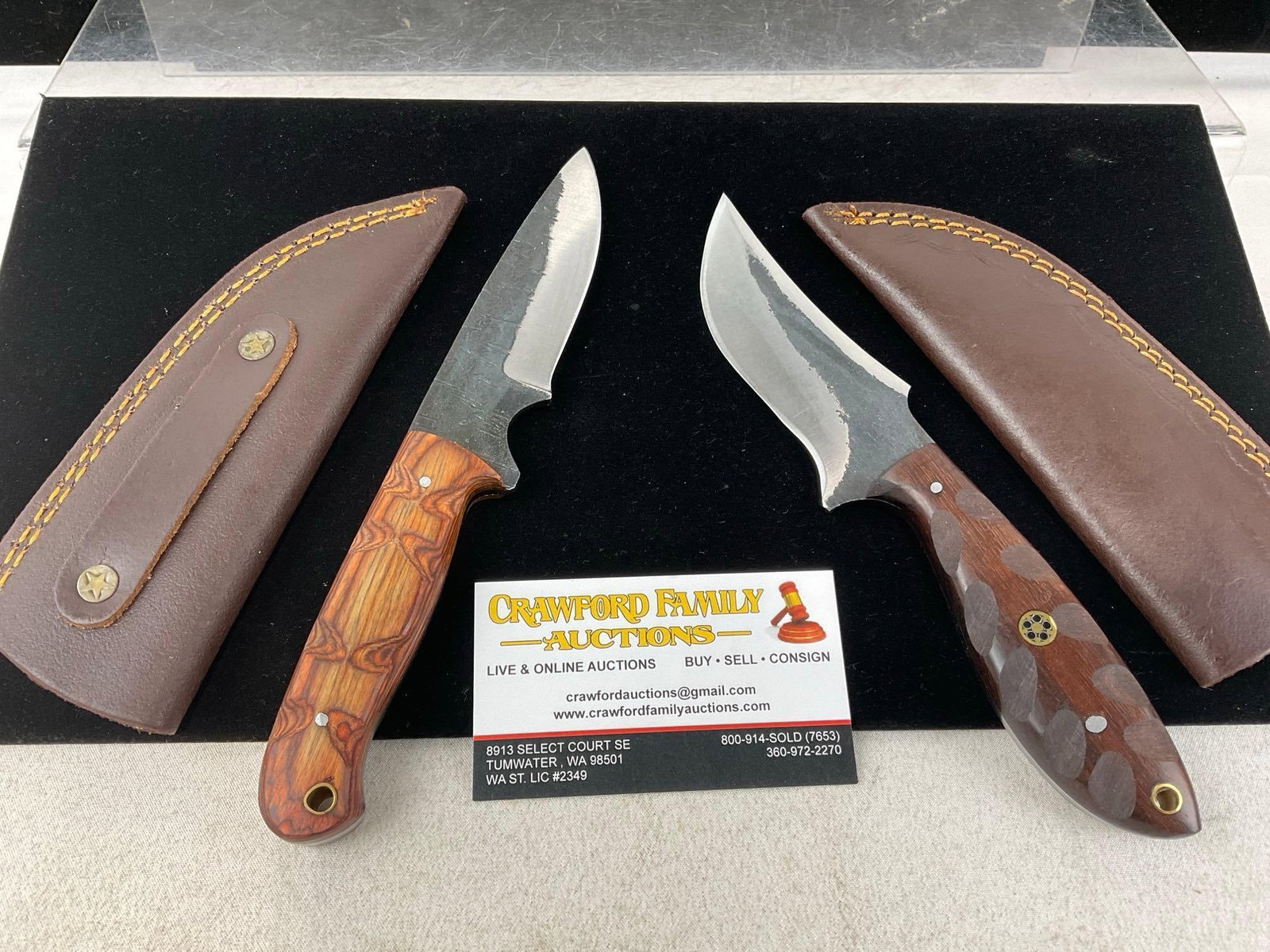 Pair of Handmade Knives, Custom Wooden Handles, w/Leather Sheaths