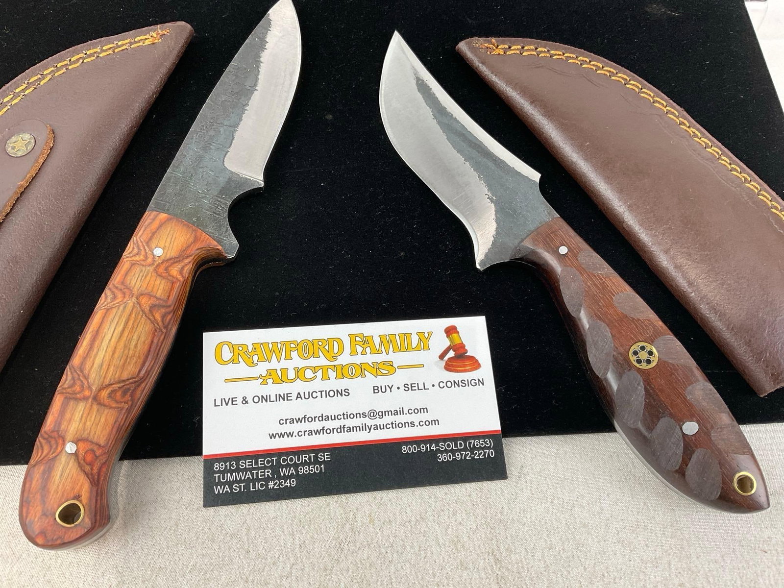 Pair of Handmade Knives, Custom Wooden Handles, w/Leather Sheaths - 2