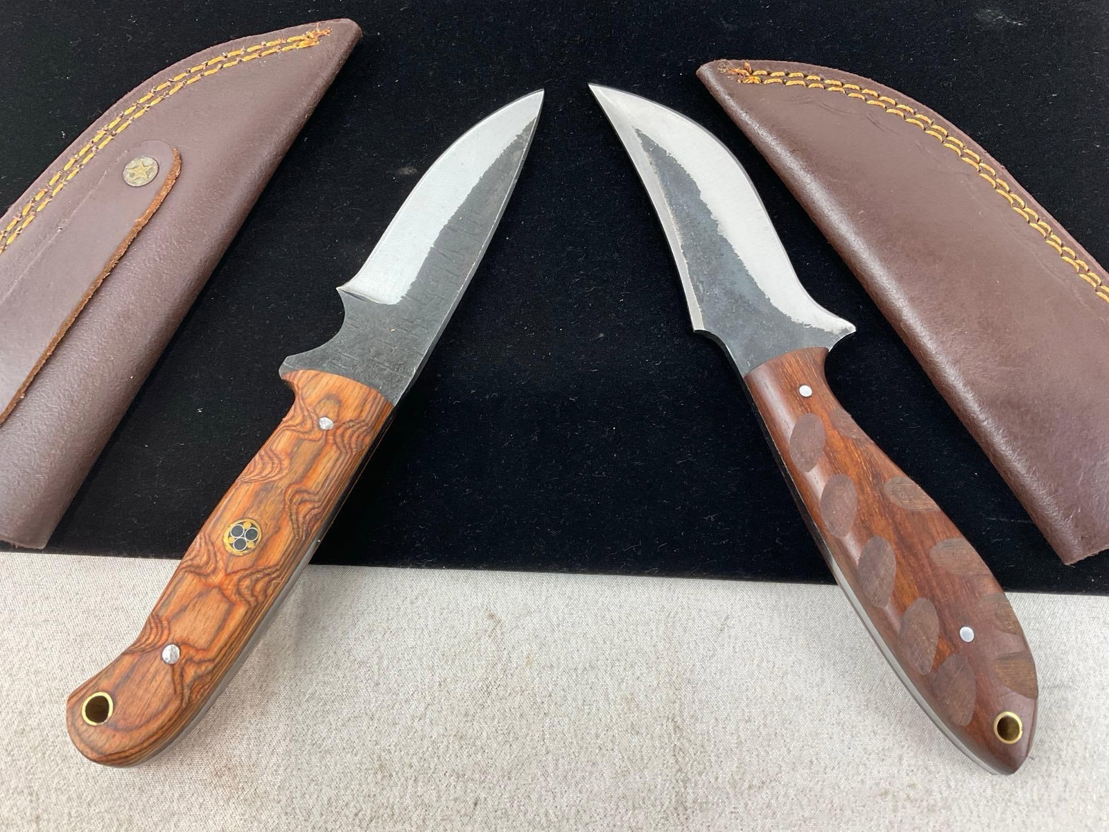 Pair of Handmade Knives, Custom Wooden Handles, w/Leather Sheaths - 3
