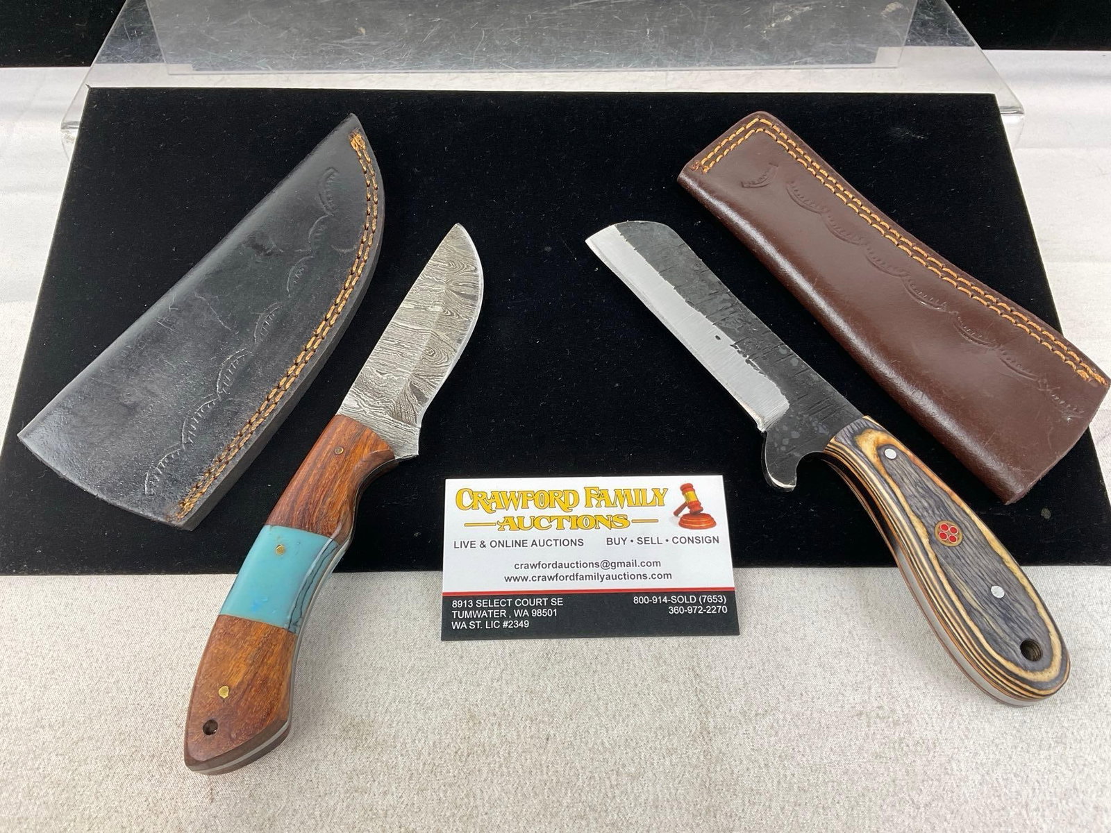 Pair of Handmade Knives, 1x Damascus style blade, Wooden Handles, w/Leather Sheaths