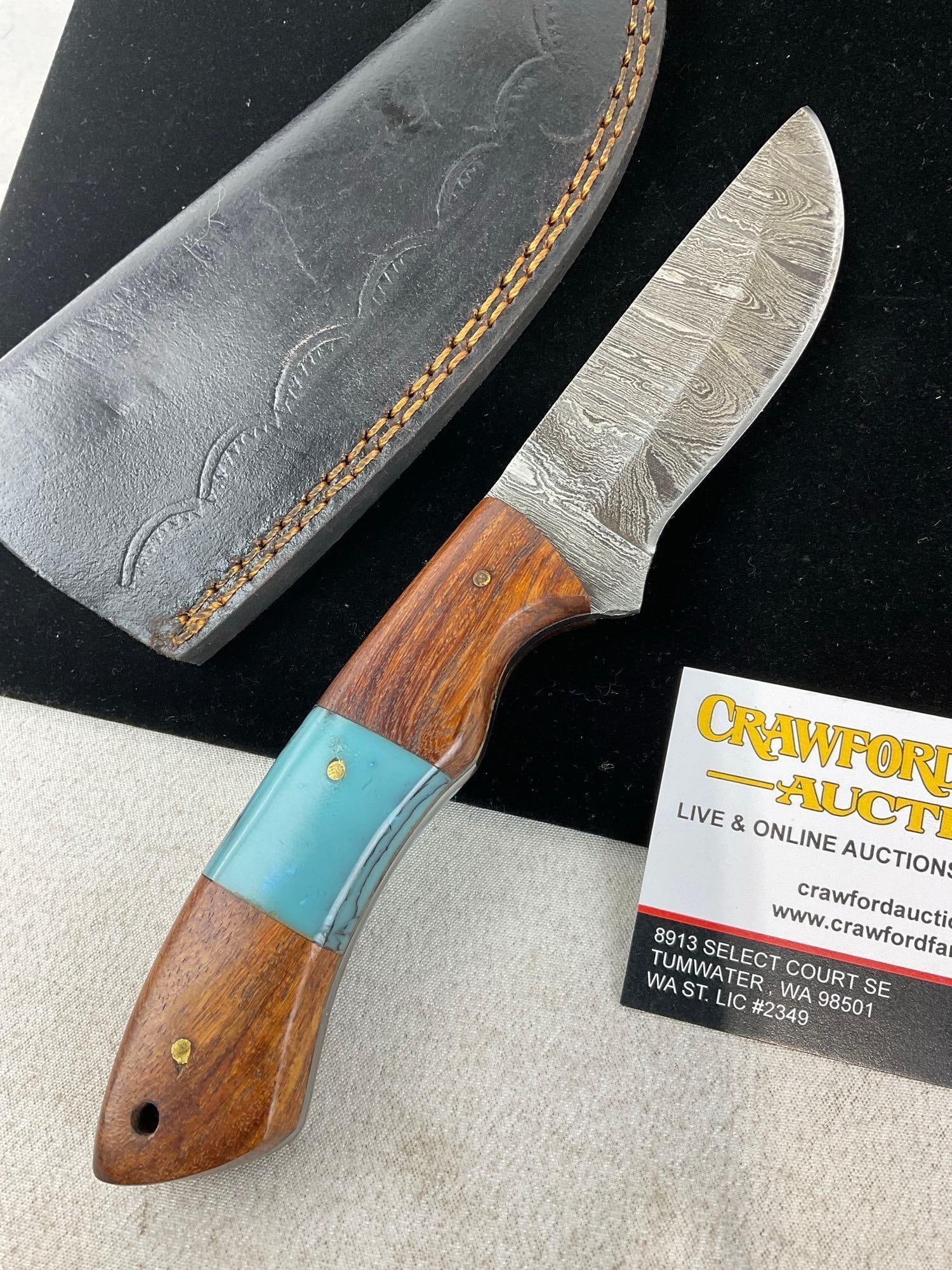 Pair of Handmade Knives, 1x Damascus style blade, Wooden Handles, w/Leather Sheaths - 2