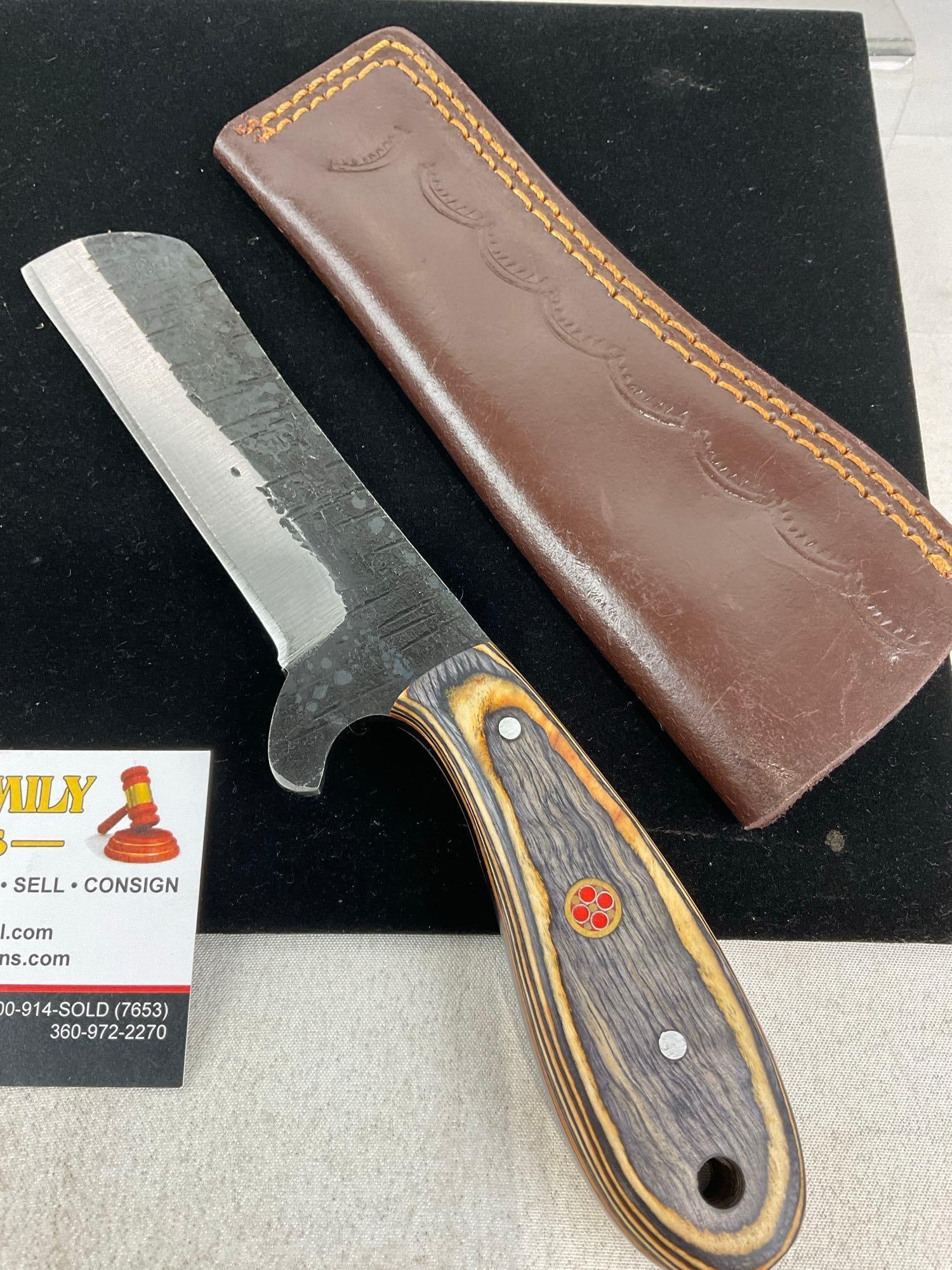 Pair of Handmade Knives, 1x Damascus style blade, Wooden Handles, w/Leather Sheaths - 3