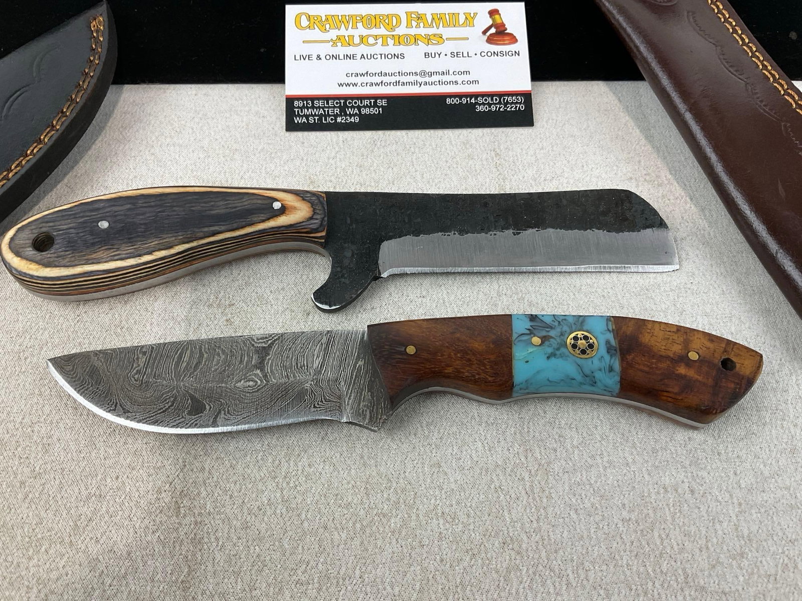 Pair of Handmade Knives, 1x Damascus style blade, Wooden Handles, w/Leather Sheaths - 4