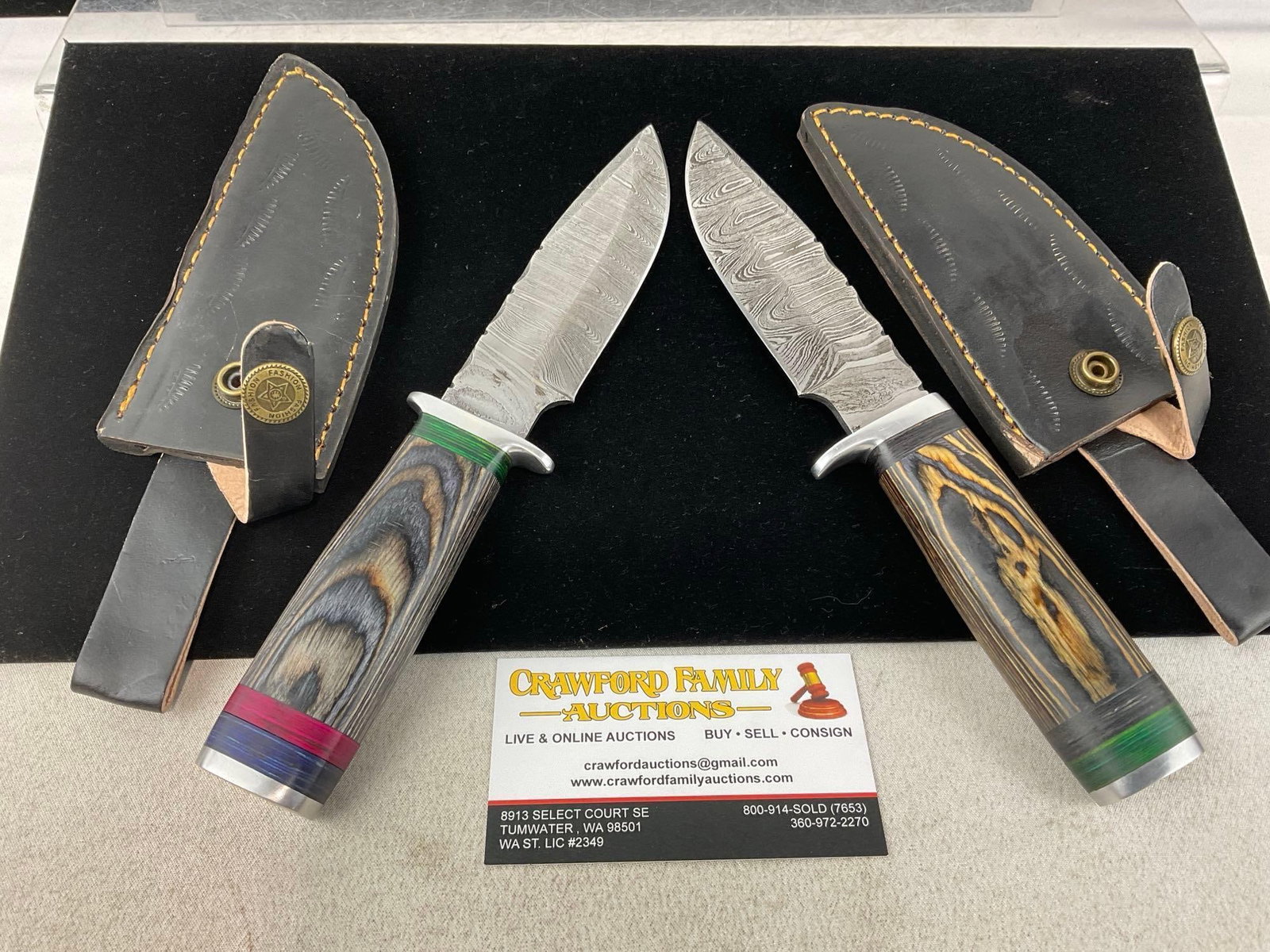 Pair of Knives w/ Damascus style Blades, Grey Tinted Wooden Handles & Leather Sheaths
