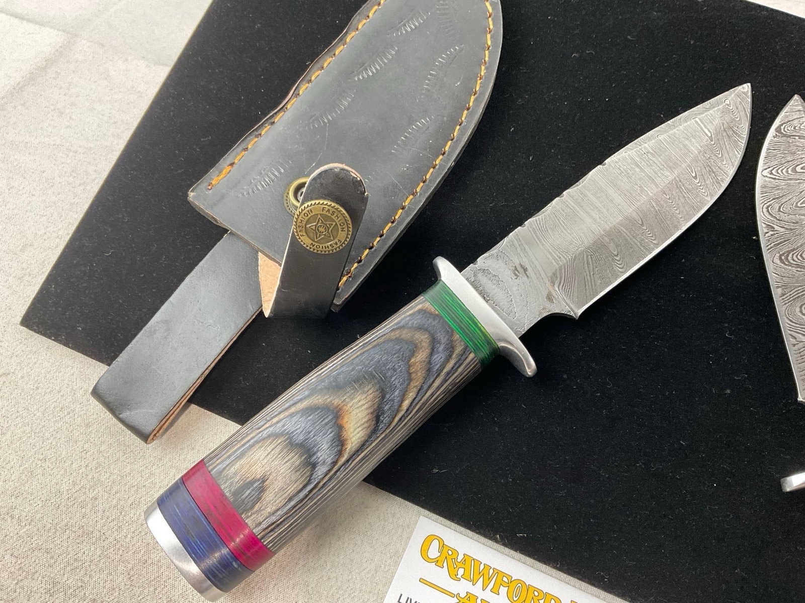 Pair of Knives w/ Damascus style Blades, Grey Tinted Wooden Handles & Leather Sheaths - 2