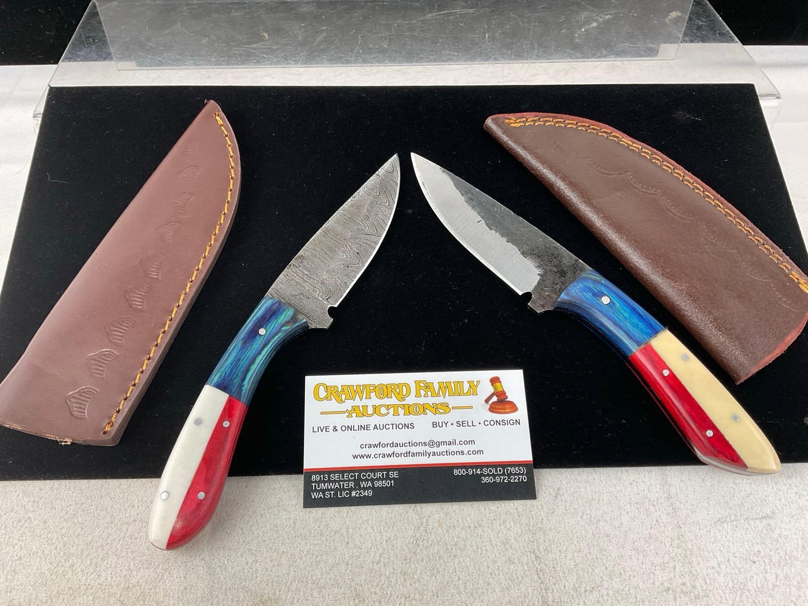 Pair of Knives, 1 Damascus style blade, w/Patriotic handles, Resin & Tinted Wood, Leather Sheaths