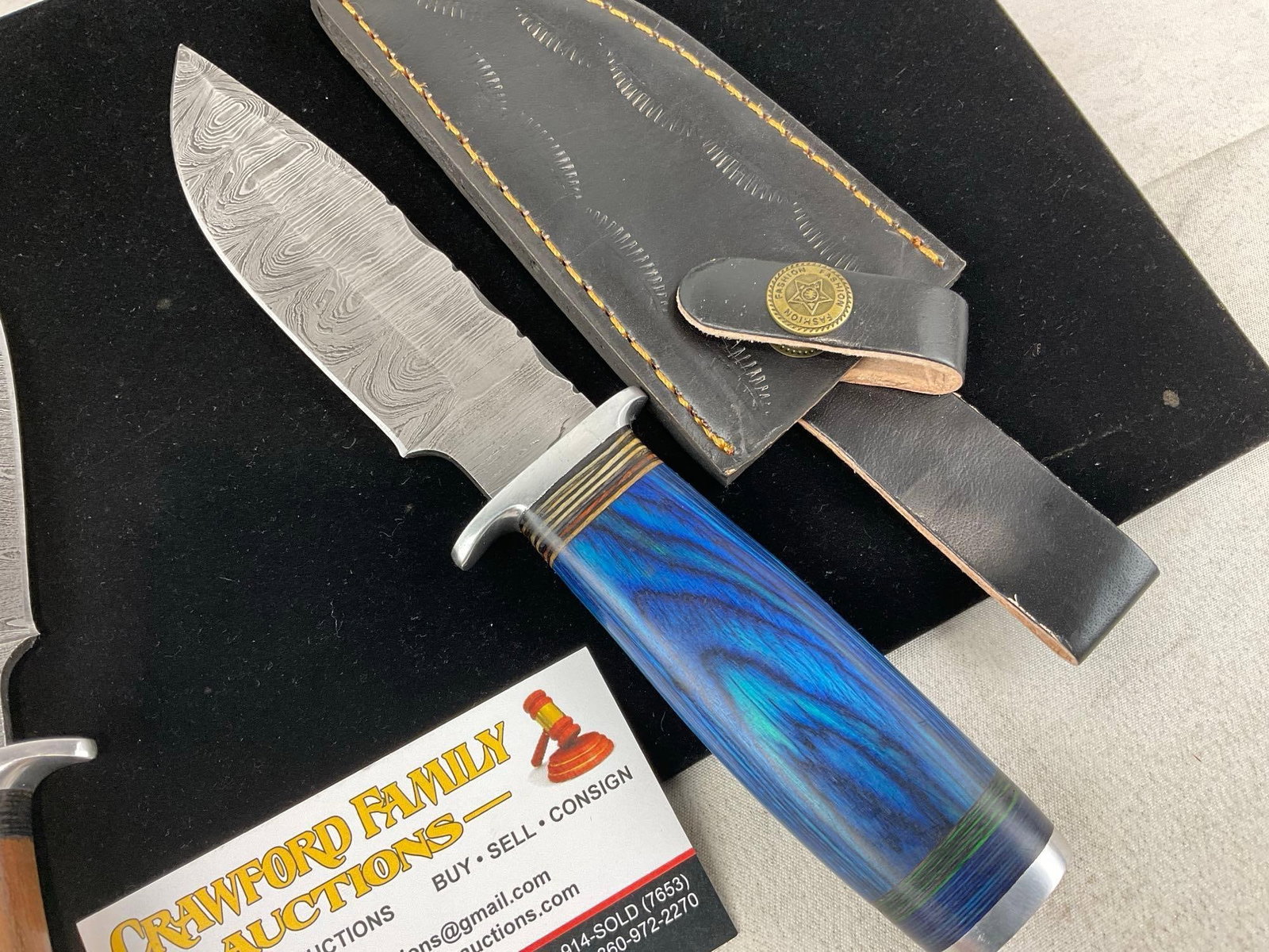 Pair of Damascus Style Blade Knives, Tinted Wood Stack Handles, w/Black Leather Sheaths - 2
