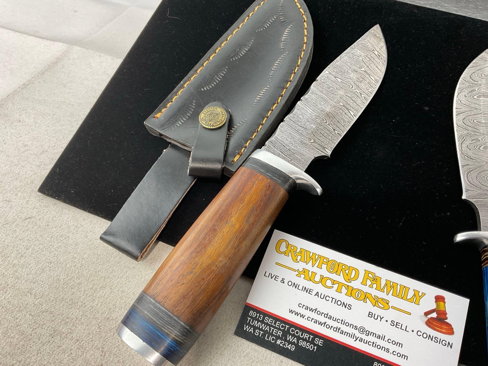 Pair of Damascus Style Blade Knives, Tinted Wood Stack Handles, w/Black Leather Sheaths - 3