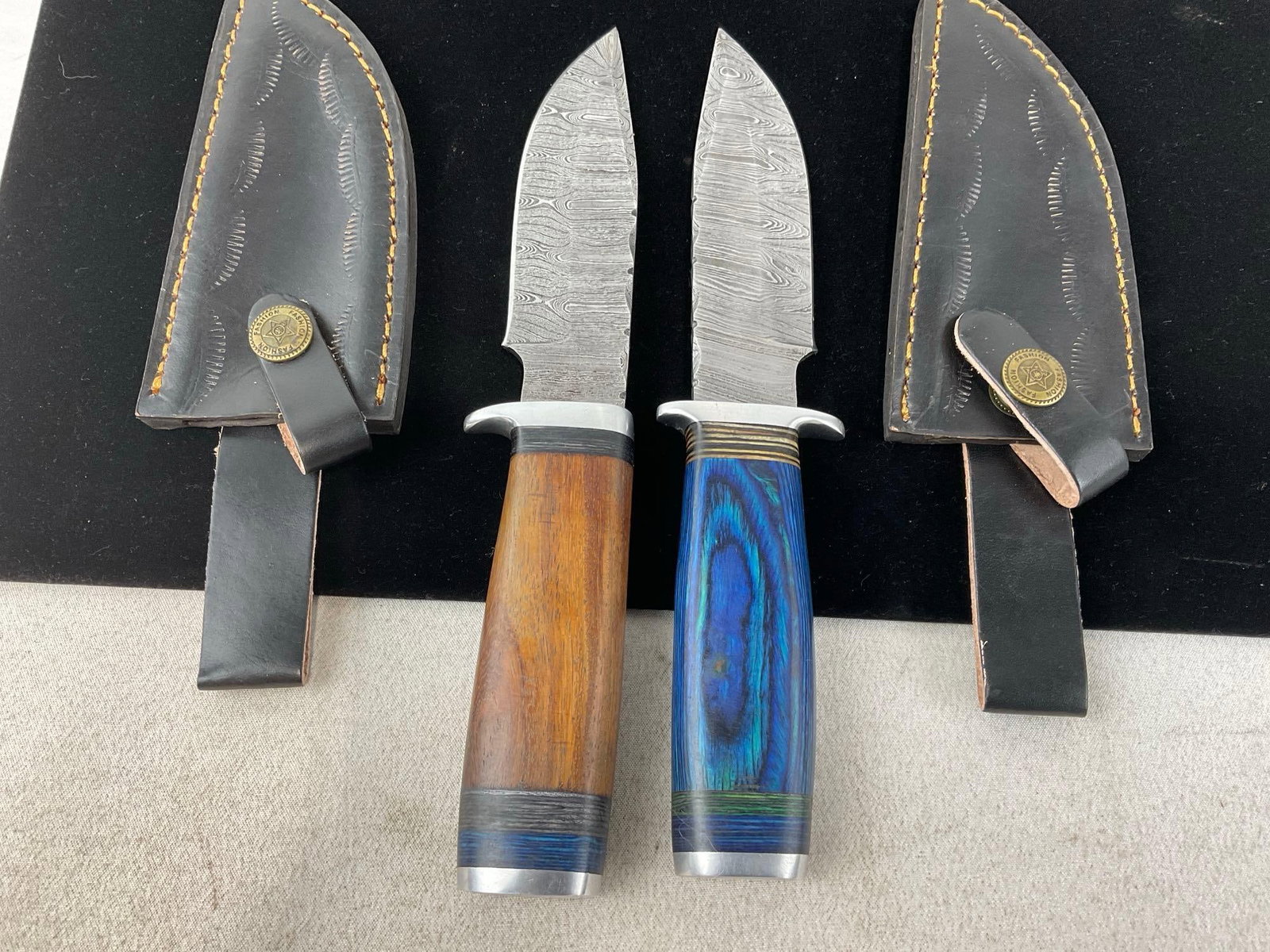Pair of Damascus Style Blade Knives, Tinted Wood Stack Handles, w/Black Leather Sheaths - 4