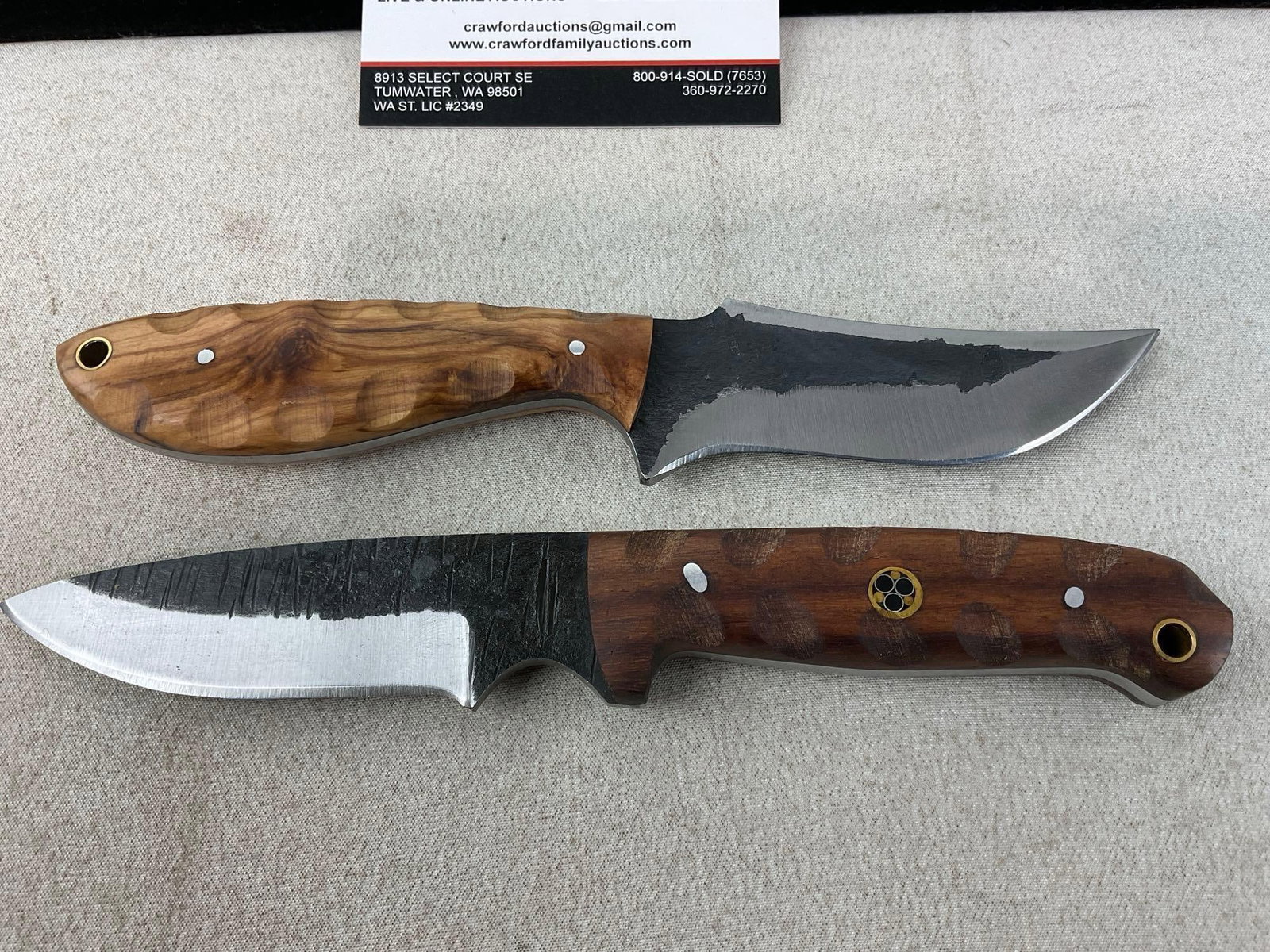 Pair of Handmade Steel Blade Knives, Custom Wooden Handles, w/Leather Sheaths - 2