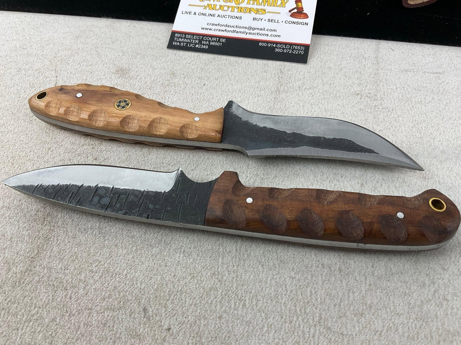 Pair of Handmade Steel Blade Knives, Custom Wooden Handles, w/Leather Sheaths - 3