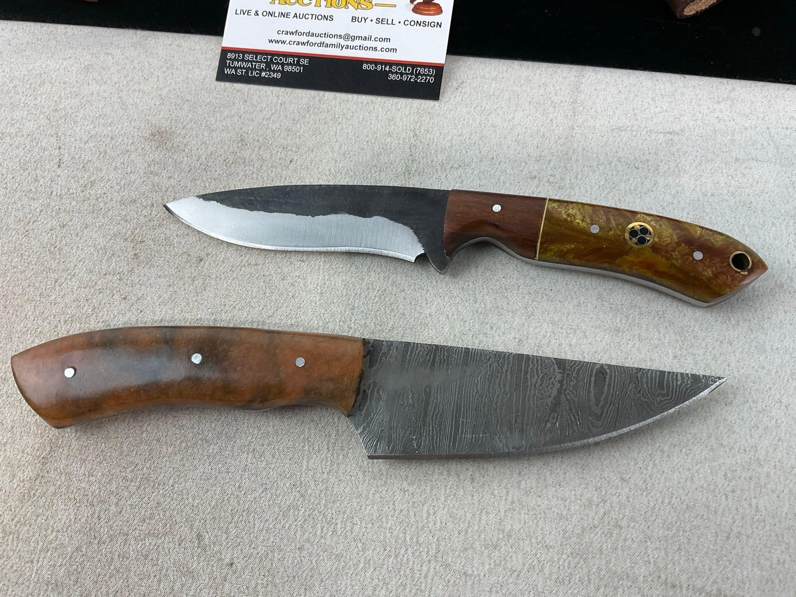Pair of Handmade Knives, 1 w/Damascus style blade, Yellow/Orange Resin Handles & Leather Sheaths - 2
