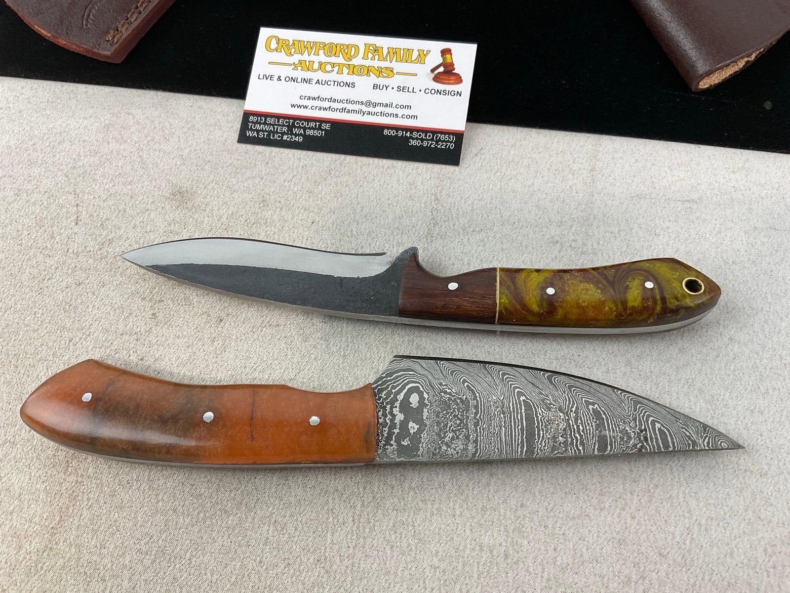 Pair of Handmade Knives, 1 w/Damascus style blade, Yellow/Orange Resin Handles & Leather Sheaths - 3