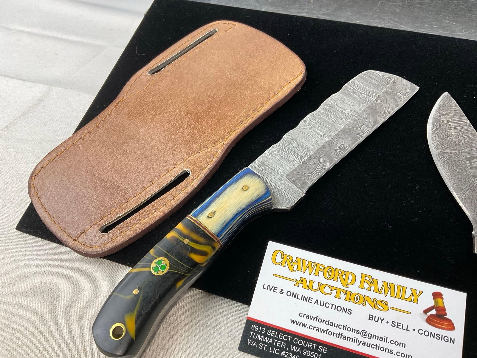 Pair of Damascus style Steel Blades, w/Tinted Resin & Wood Handles, Leather Sheaths - 3