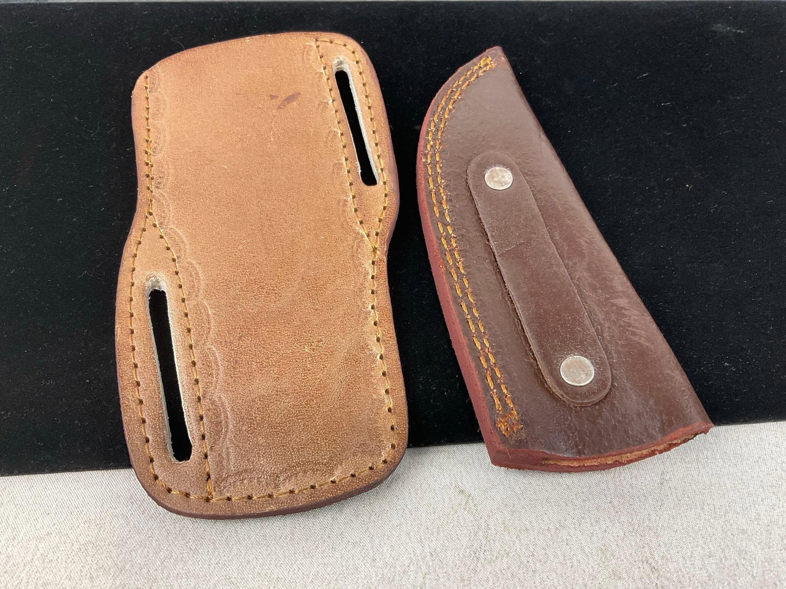 Pair of Damascus style Steel Blades, w/Tinted Resin & Wood Handles, Leather Sheaths - 7