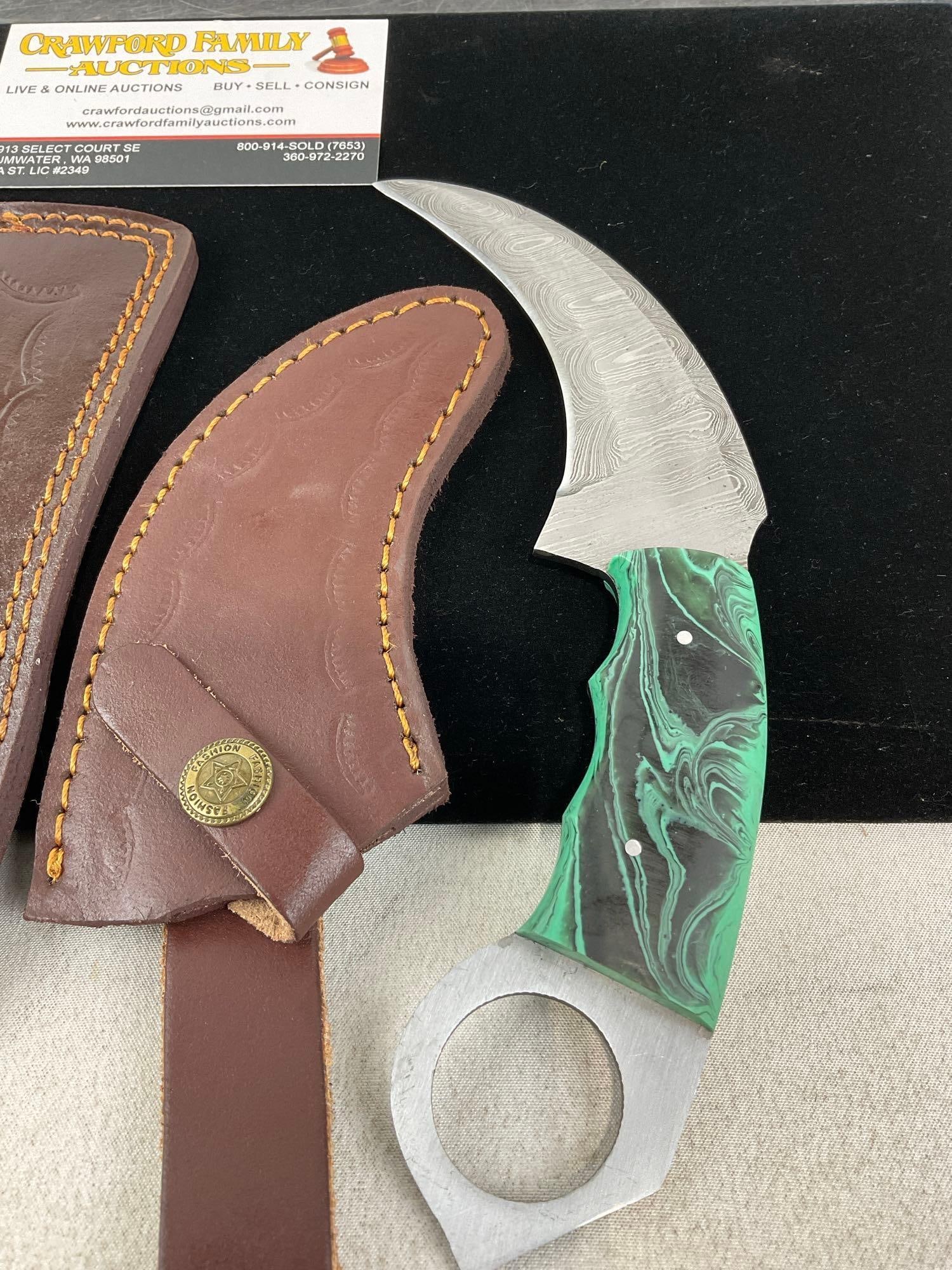 Pair of Knives, Mini Chopper & Karambit Style, w/Resin & Tinted Wood Handles, Leather Sheaths - 2